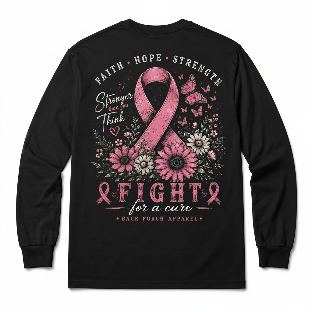 A black long-sleeve t-shirt shown from the back, featuring a large pink and white graphic design with a ribbon, flowers, butterflies, and the text 'FAITH HOPE STRENGTH Stronger them you Think FIGHT for a cure' and 'BACK PORCH APPAREL'.