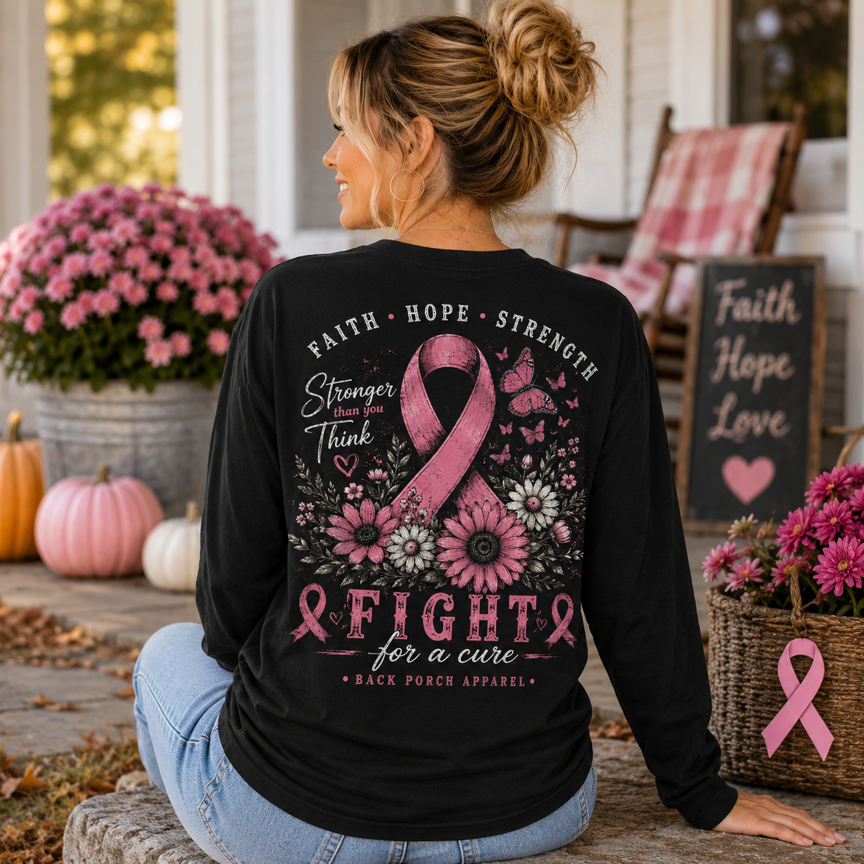A woman sits on a porch wearing a black long-sleeve shirt with a large pink breast cancer awareness graphic on the back, including a pink ribbon, flowers, butterflies, and the text 'FAITH • HOPE • STRENGTH Stronger than Think FIGHT for a cure'. The background shows pumpkins, pink flowers, a chair, and a sign reading 'Faith Hope Love'.