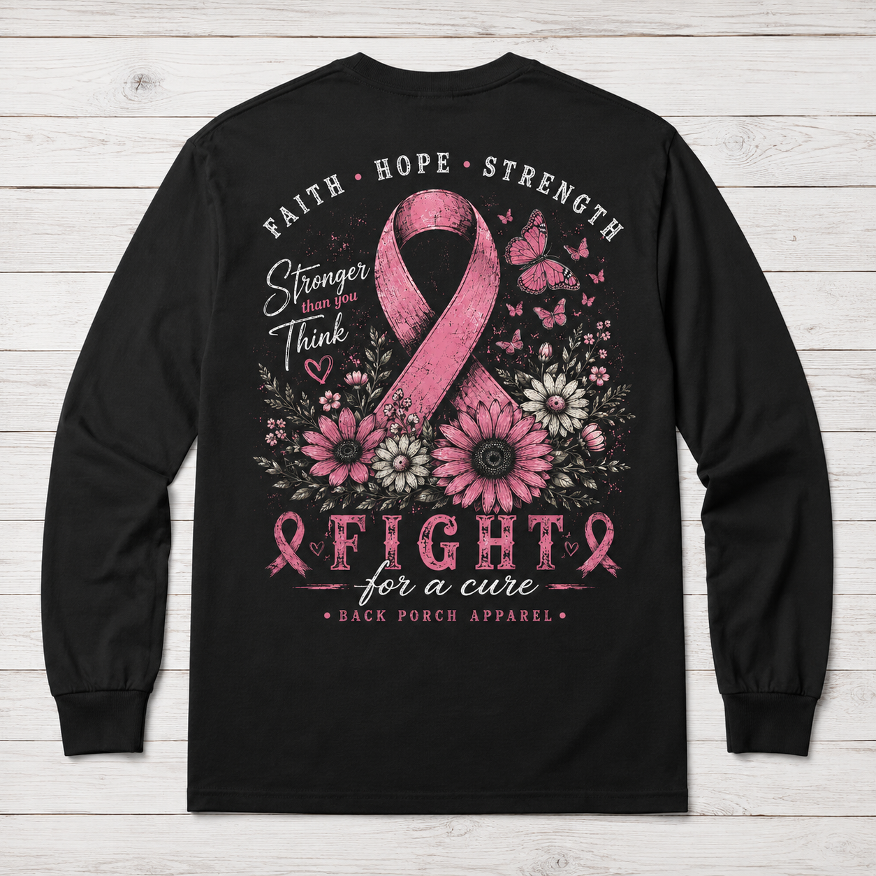 Back Porch Apparel Breast Cancer Awareness Long Sleeve Black Shirt