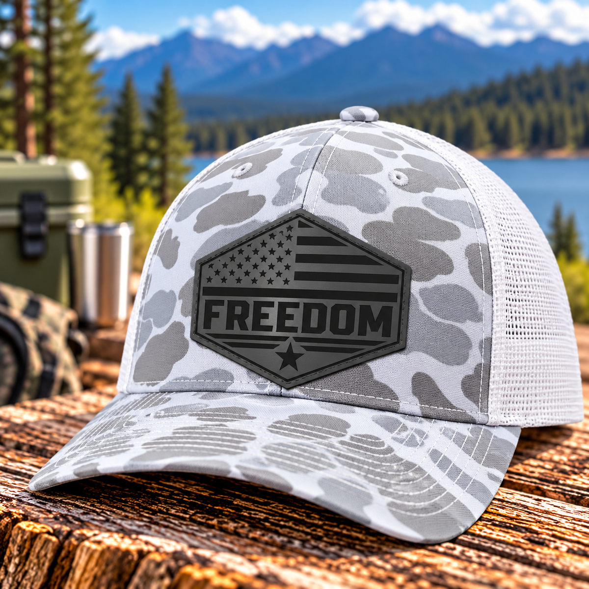White and gray camouflage trucker hat with white mesh back and charcoal leather Freedom American flag patch by Back Porch Apparel.