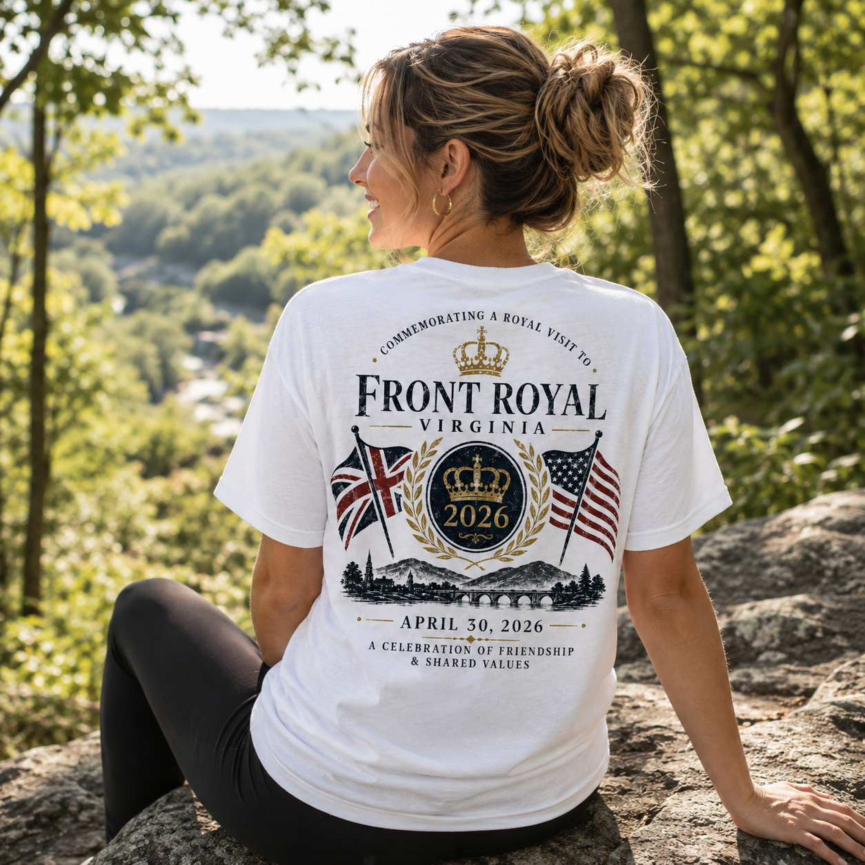 Woman wearing a Royal Visit Back Porch Apparel Shirt