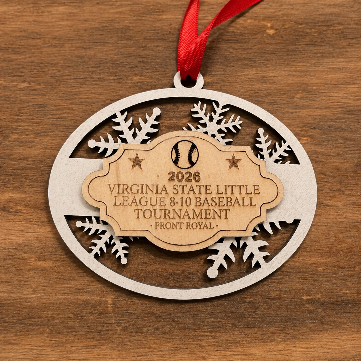 2026 Virginia State Little League 8–10 Baseball Tournament wooden ornament with engraved baseball design and snowflake frame, handcrafted in Front Royal, Virginia.