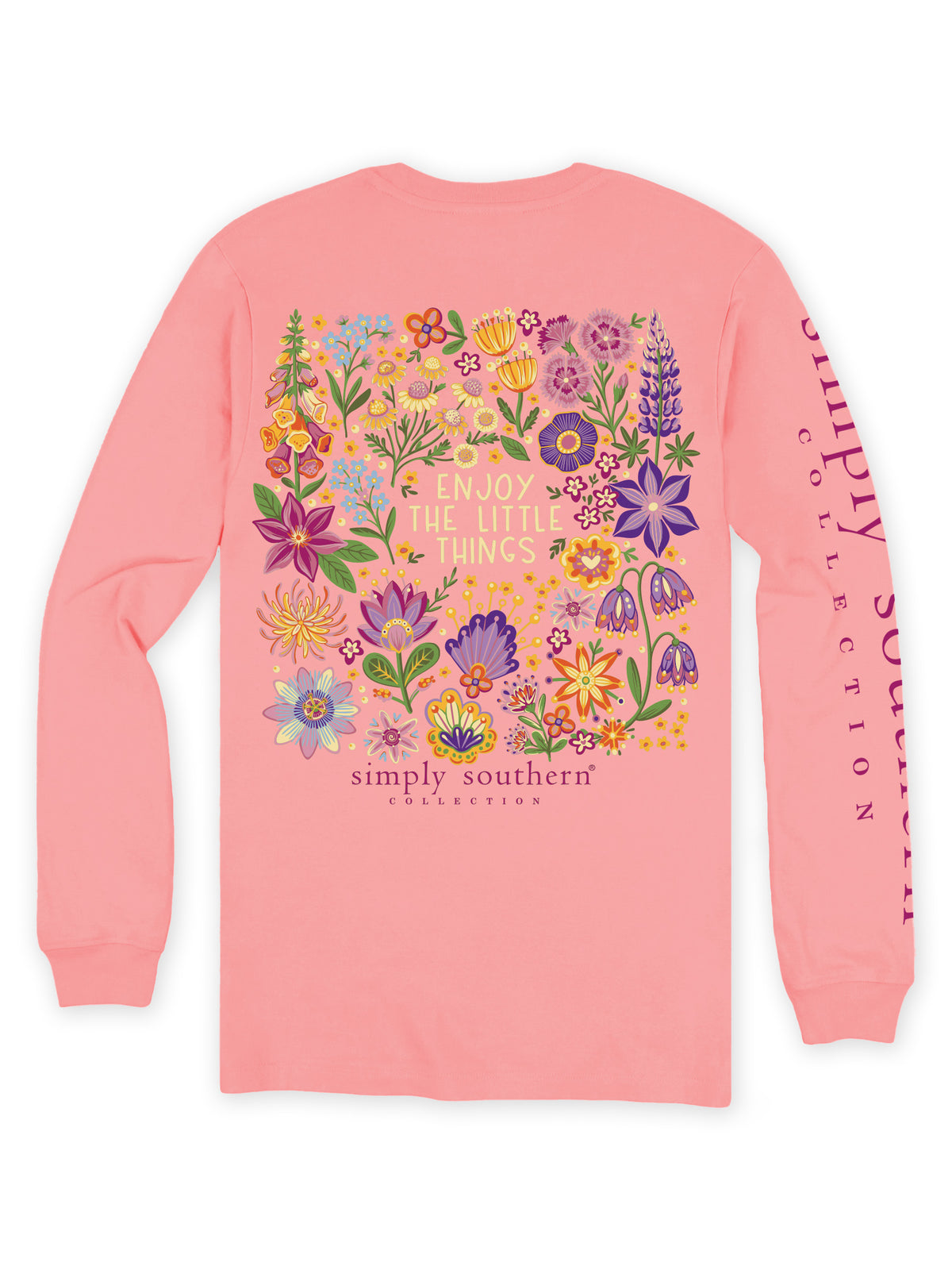 Back view of Simply Southern Tea Rose long sleeve shirt featuring Enjoy the Little Things lettering surrounded by colorful garden wildflowers.