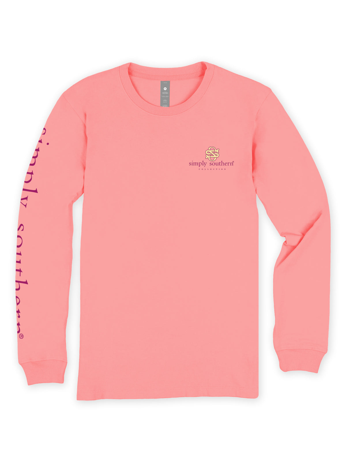 Front view of Simply Southern Enjoy the Little Things long sleeve T-shirt in Tea Rose pink with left chest logo and branded sleeve.