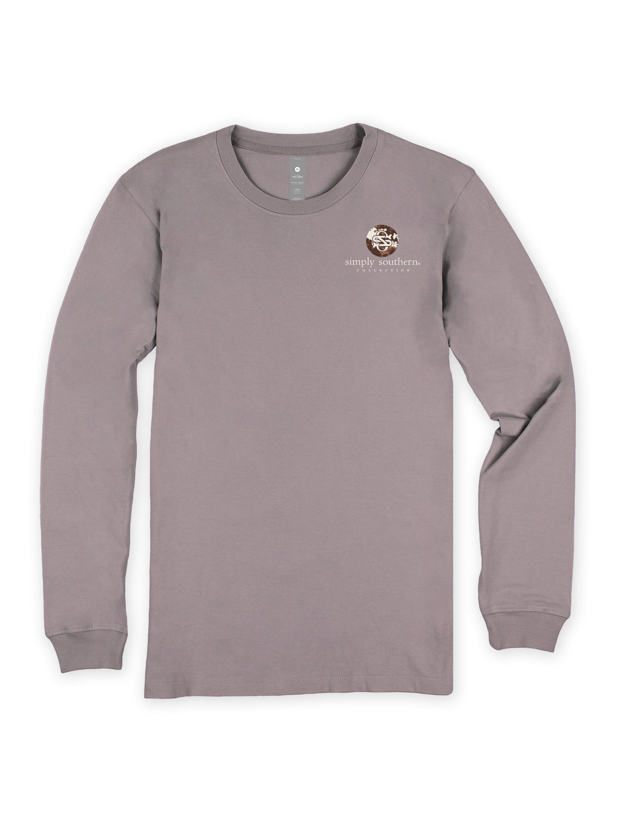 Front view of Simply Southern Walk by Faith long sleeve T-shirt in Driftwood gray taupe with cowhide-inspired Simply Southern chest logo.