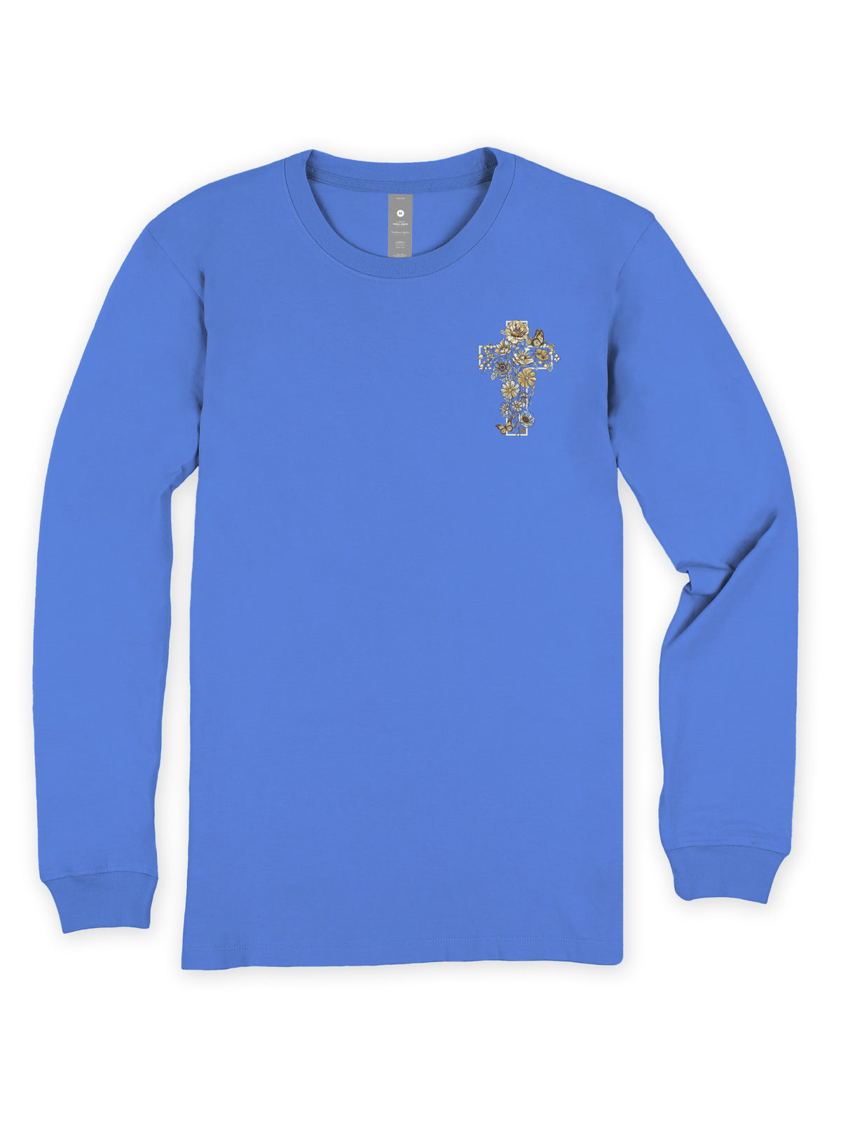 Front view of Simply Southern blue long sleeve Christian graphic T-shirt with small decorative floral cross on the left chest.