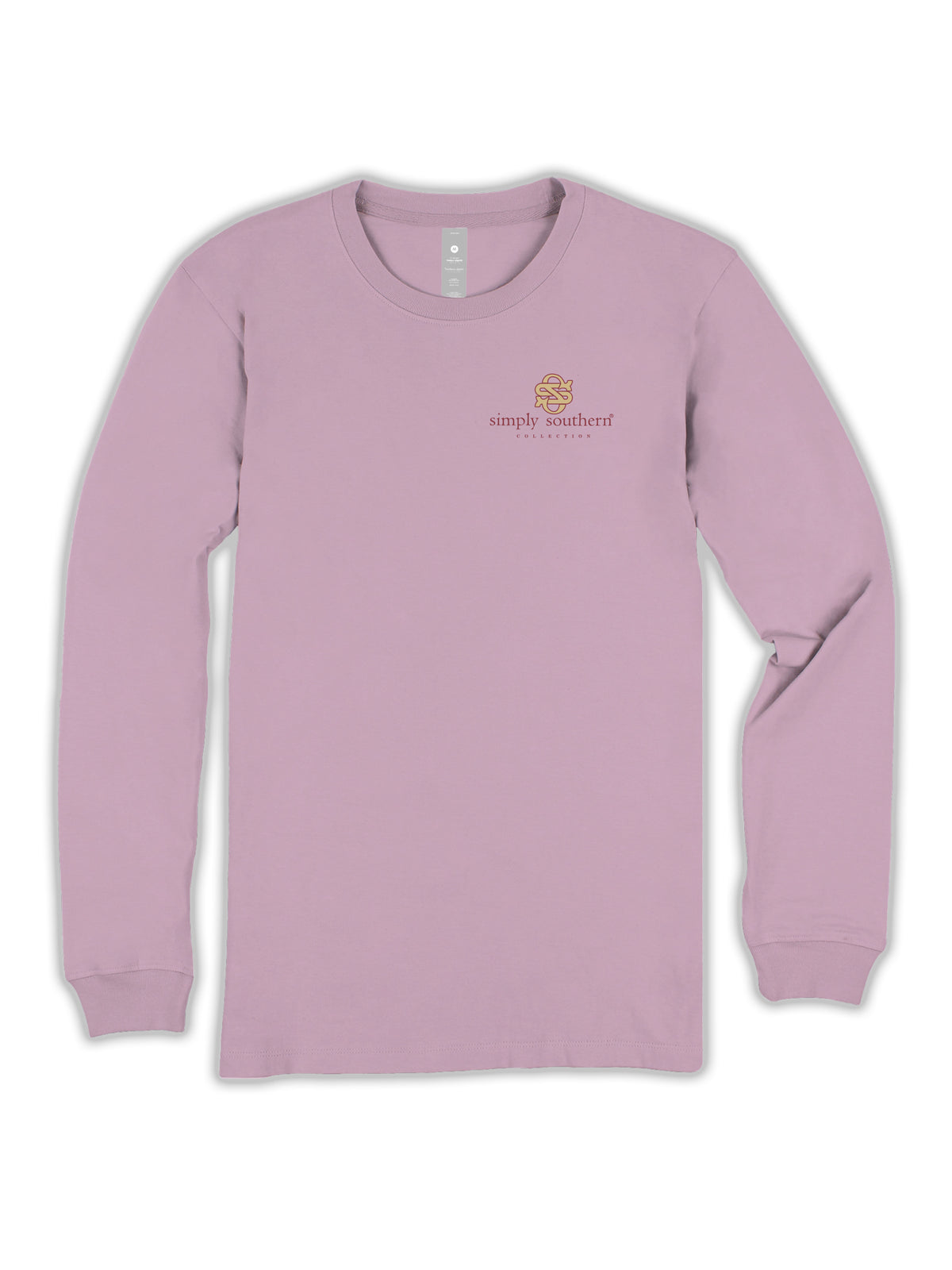 Front view of Simply Southern Let Kindness Bloom long sleeve T-shirt in Wisteria lavender with small left chest logo.
