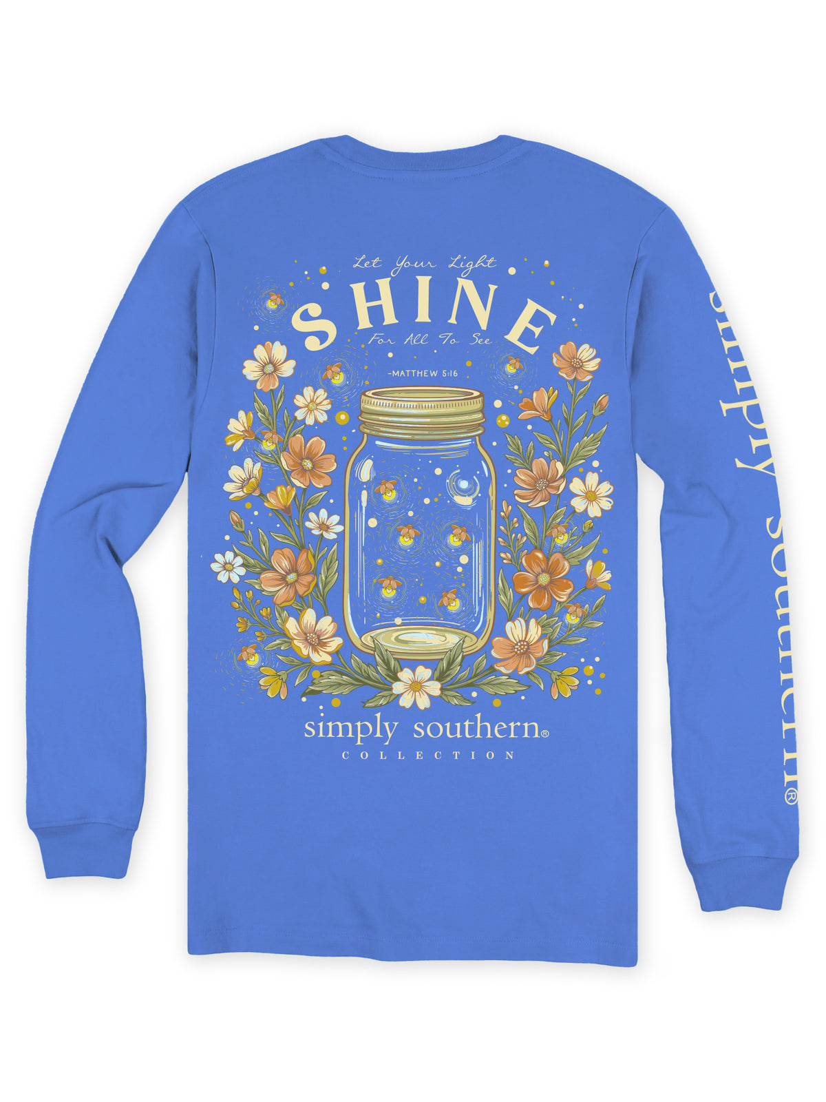 Back of Bali Blue Simply Southern 100% cotton long sleeve shirt featuring Let Your Light Shine, Matthew 5:16, fireflies and wildflowers.