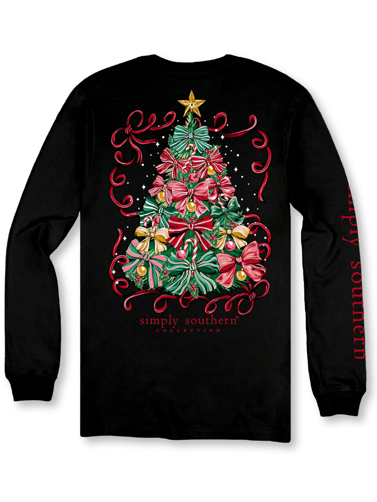 Back view of Simply Southern black Christmas long sleeve shirt with colorful bow-decorated Christmas tree, gold star, holiday ornaments and red ribbons.