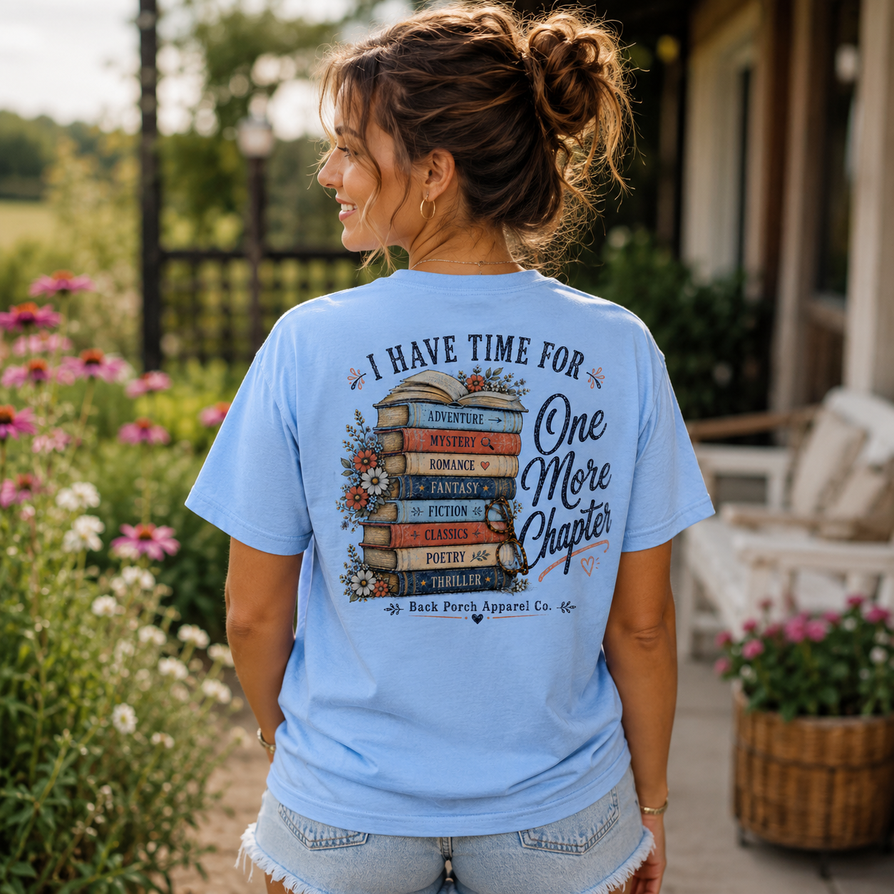 Woman wearing a One More Chapter Book from Back Porch Apparel Shirt