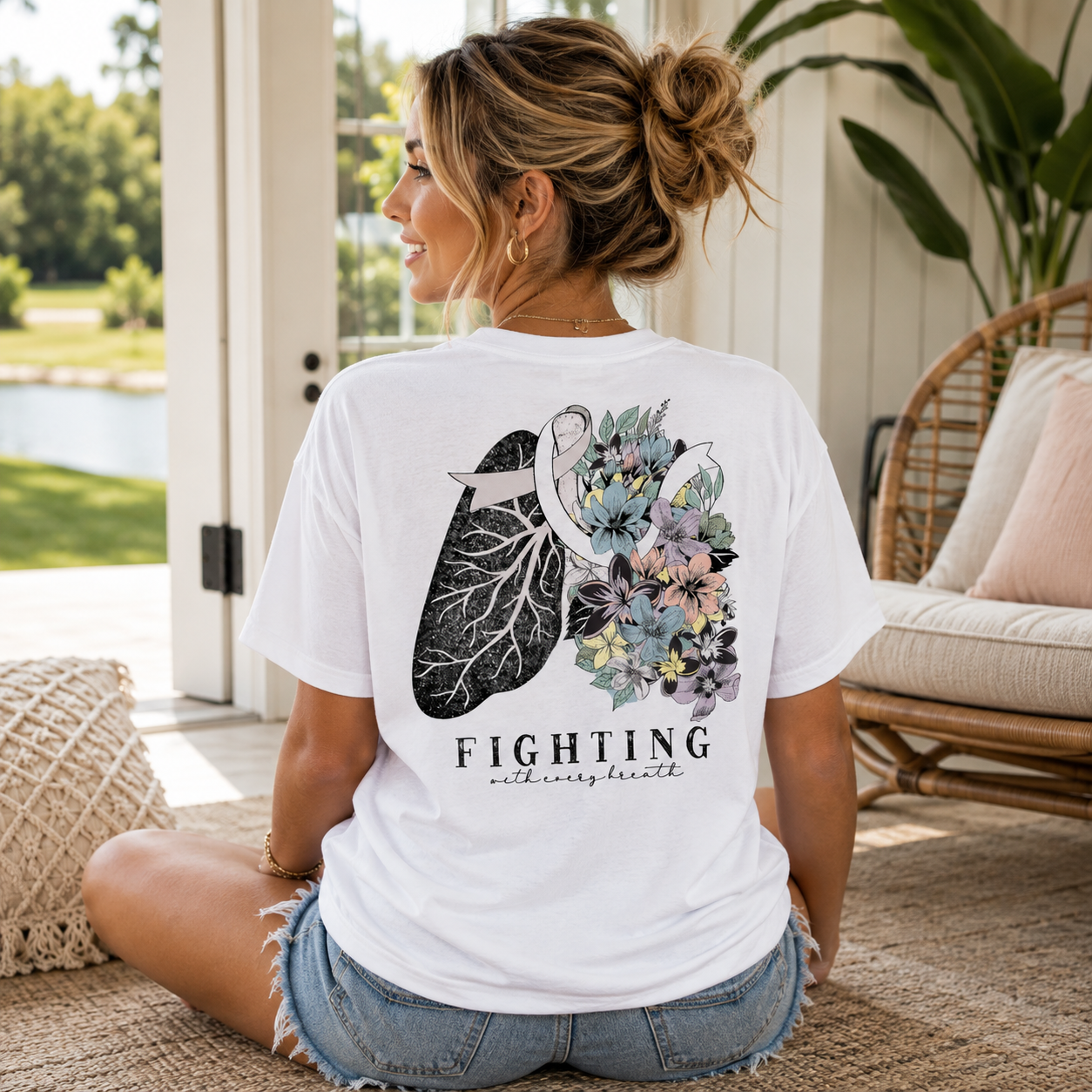 Woman wearing a fighting lunch cancer Back Porch Apparel shirt