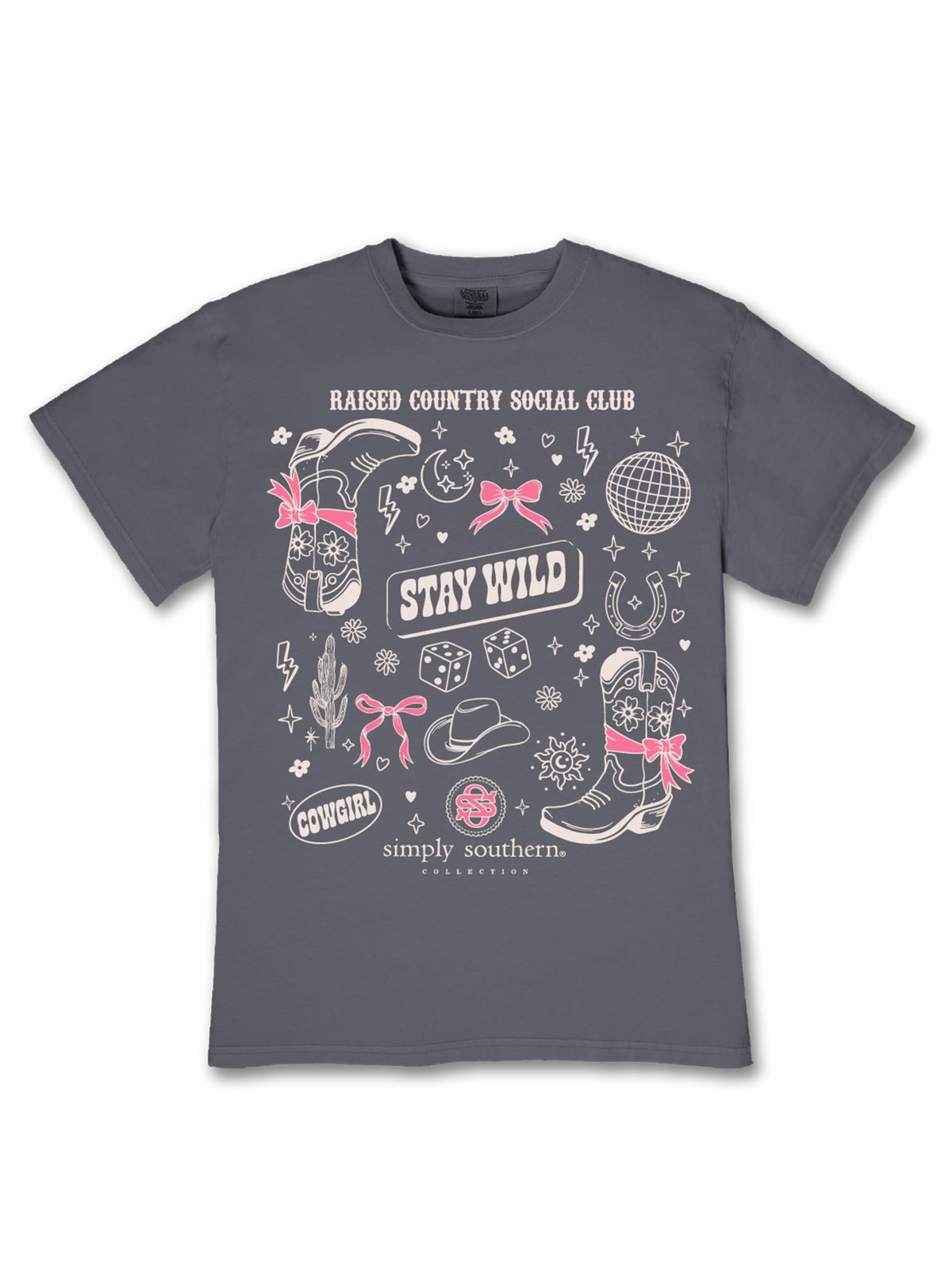 Simply Southern Raised Country Social Club Stay Wild mineral washed T-shirt in Graphite featuring cowboy boots, pink bows, Western illustrations and a large front graphic.