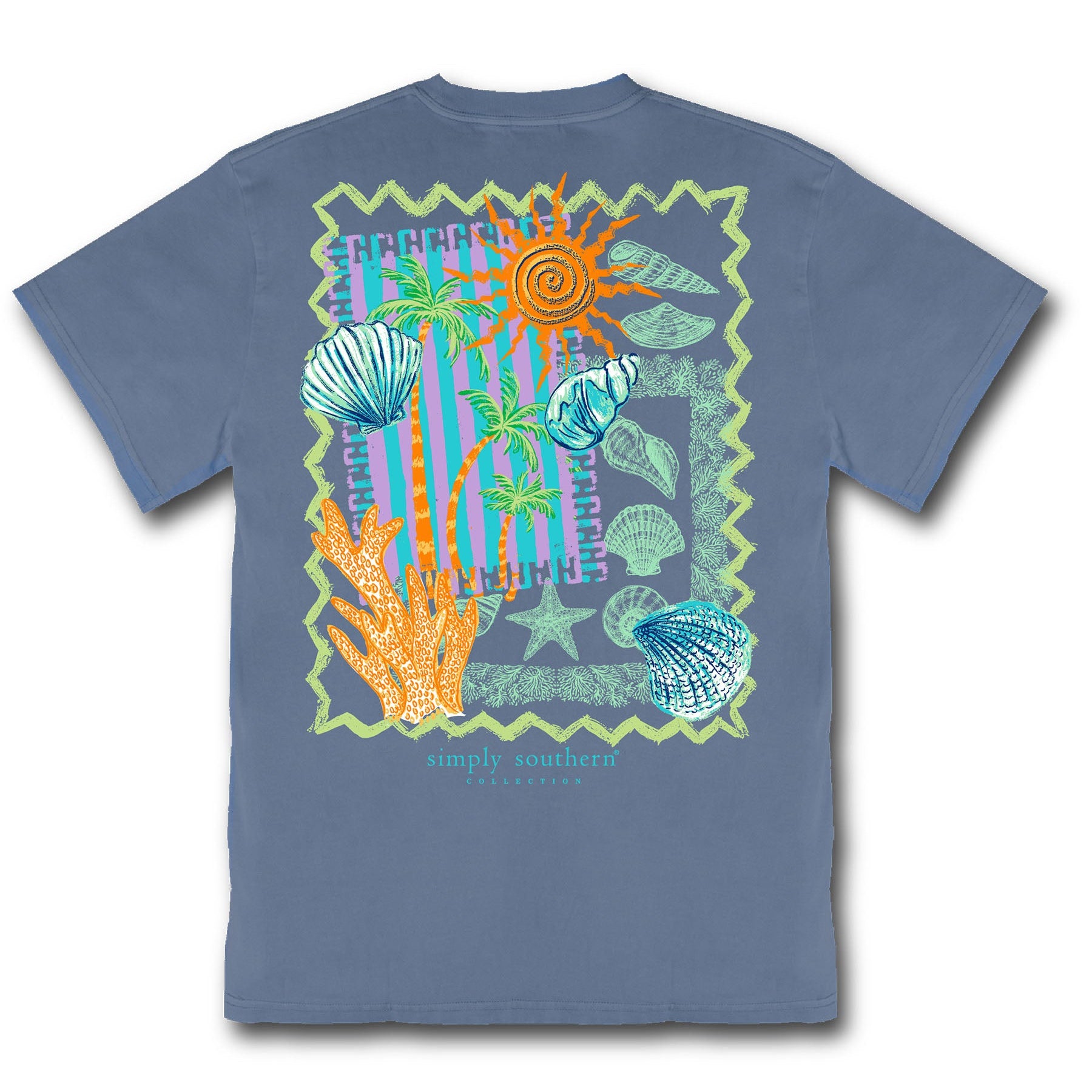 Simply Southern mineral washed overcast blue t-shirt with reef stamp graphic on the back