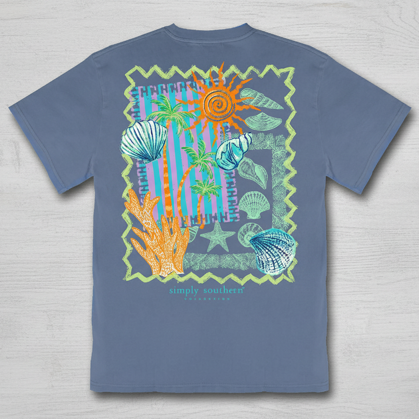 Simply Southern mineral washed overcast blue t-shirt with reef stamp graphic on the back
