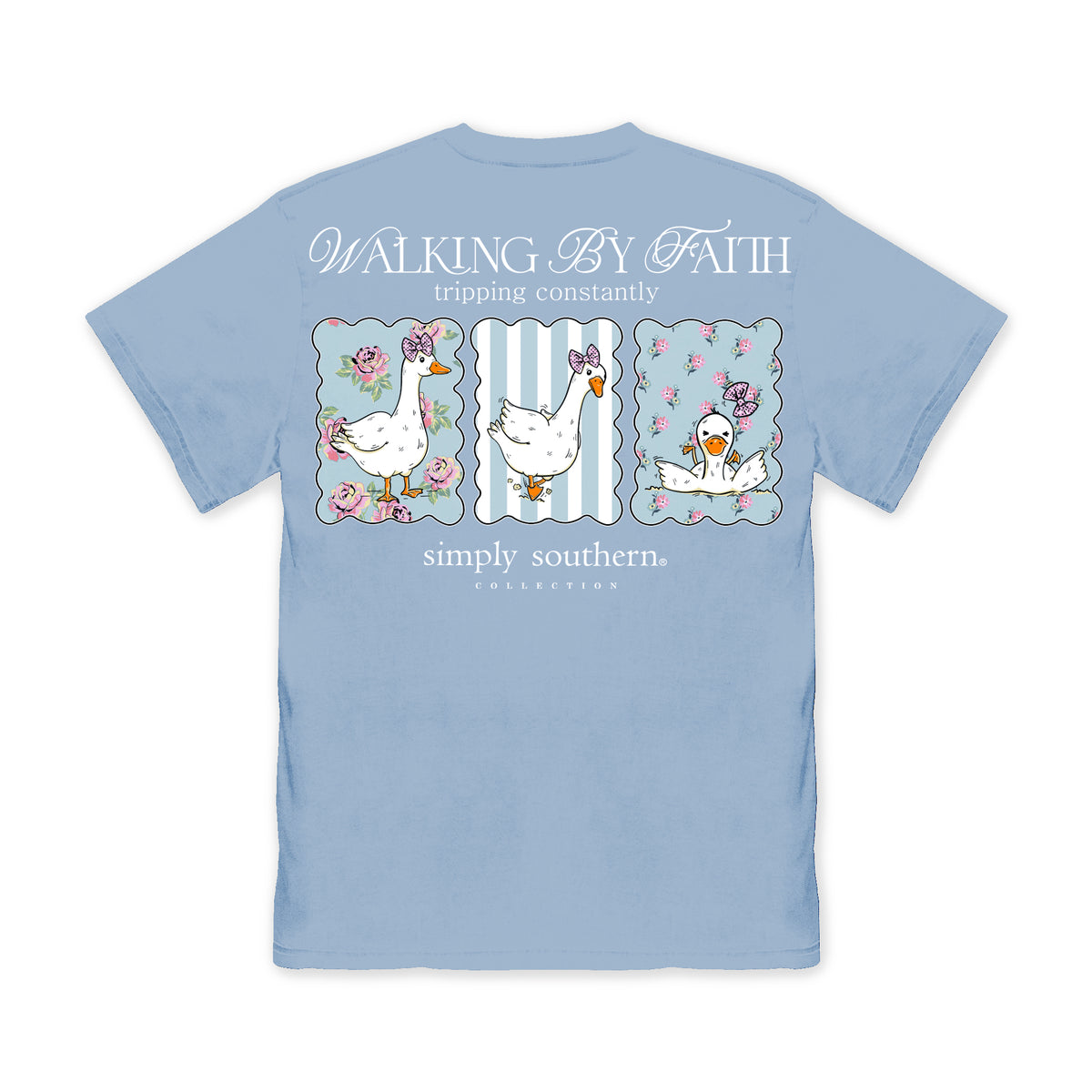 Back view of Simply Southern Walking by Faith mineral washed graphic tee in Faded Blue with three illustrated geese, pink bows, floral patterns and humorous faith-inspired text.