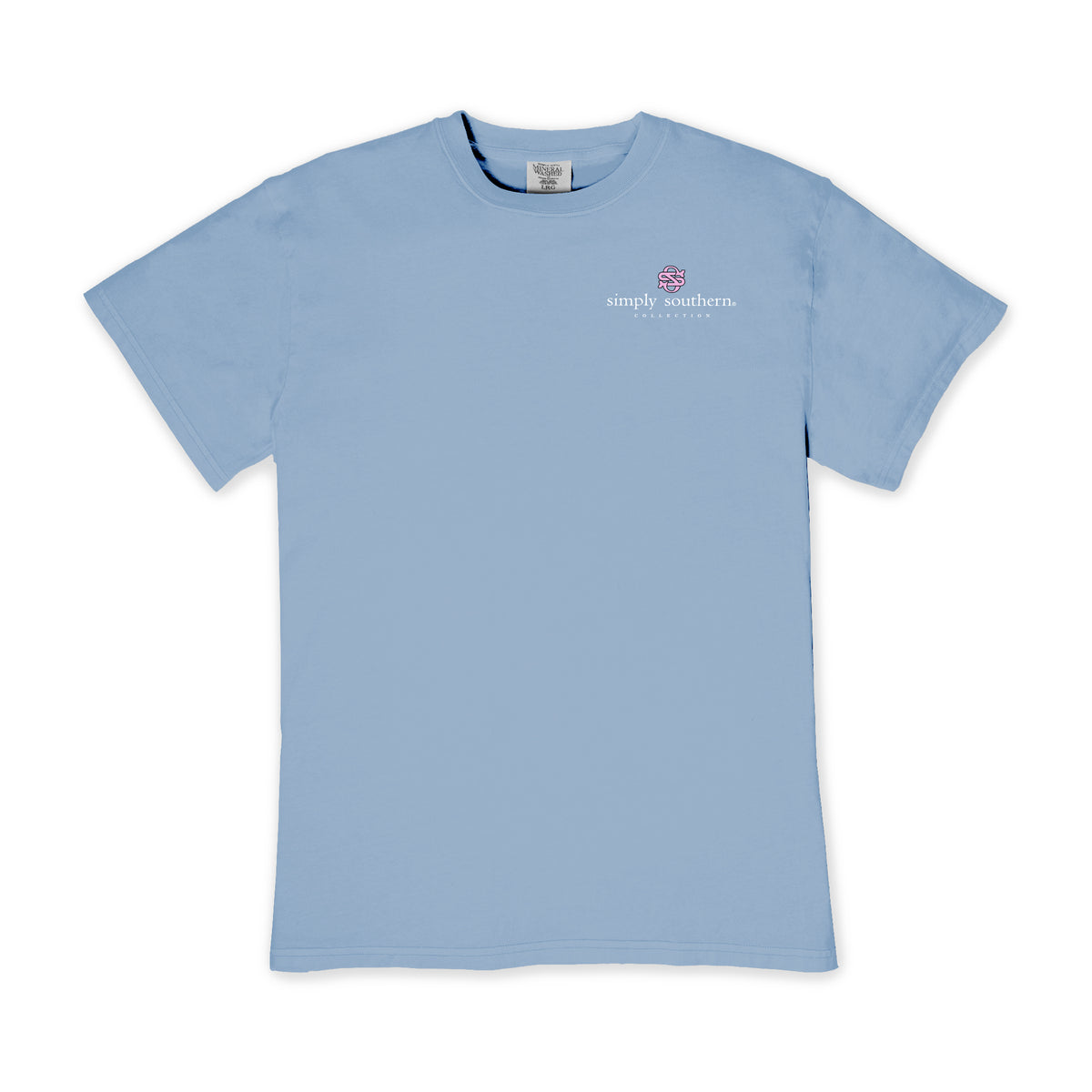 Front view of Simply Southern premium mineral washed short sleeve T-shirt in Faded Blue featuring the small pink Simply Southern Collection logo on the left chest.