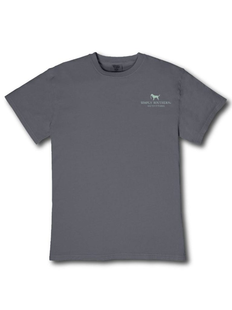 Simply Southern mineral washed graphite short sleeve t-shirt with small Outfitters logo on front chest