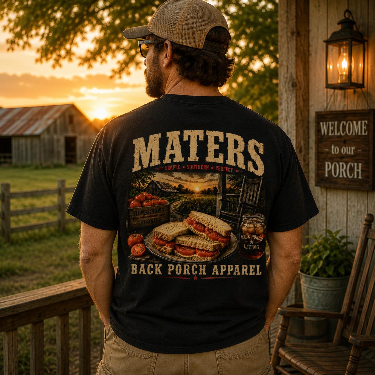 A man stands on a rustic porch at sunset wearing a black graphic T-shirt with a large back print reading “MATERS BACK PORCH APPAREL” and showing a sandwich, coffee, and beer scene. The porch has a wooden sign, lantern, chair, and garden in warm golden light.