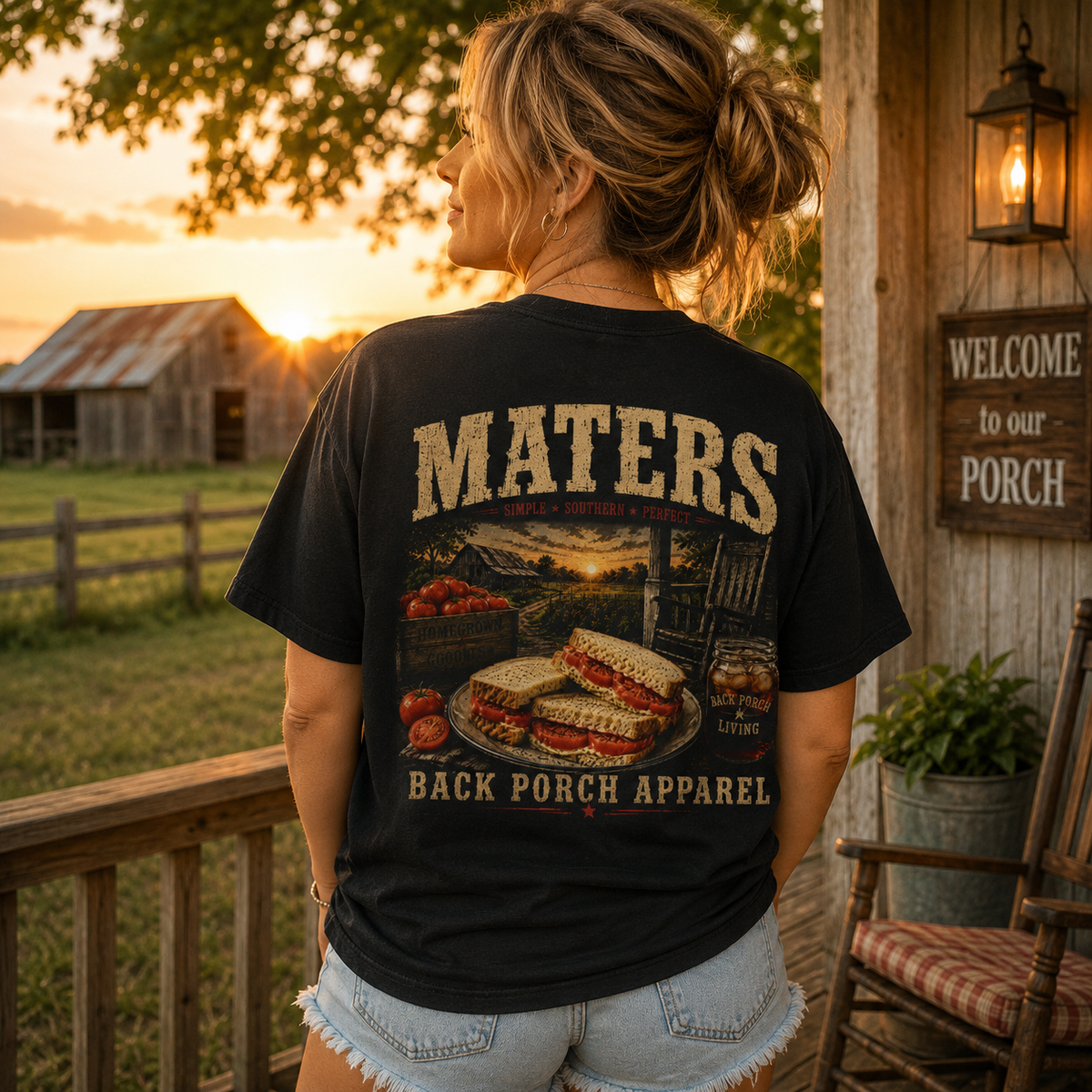 A woman stands on a rustic porch at sunset wearing a black graphic T-shirt with a large back print reading “Maters Back Porch Apparel” and showing a sandwich illustration. The porch has a wooden sign, lantern, chair, and a barn in the background.