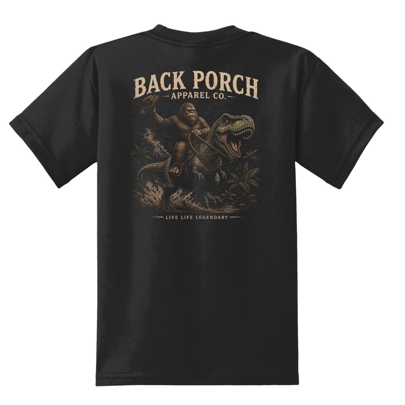 Kids Bigfoot Riding T-Rex graphic t-shirt on a black youth tee by Back Porch Apparel Co.