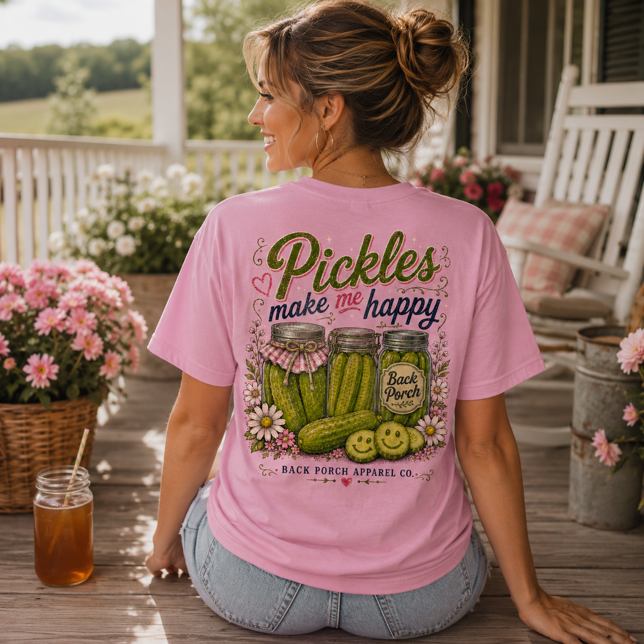 Woman wearing a Pickles Make Me Happy Back Porch Apparel Shirt