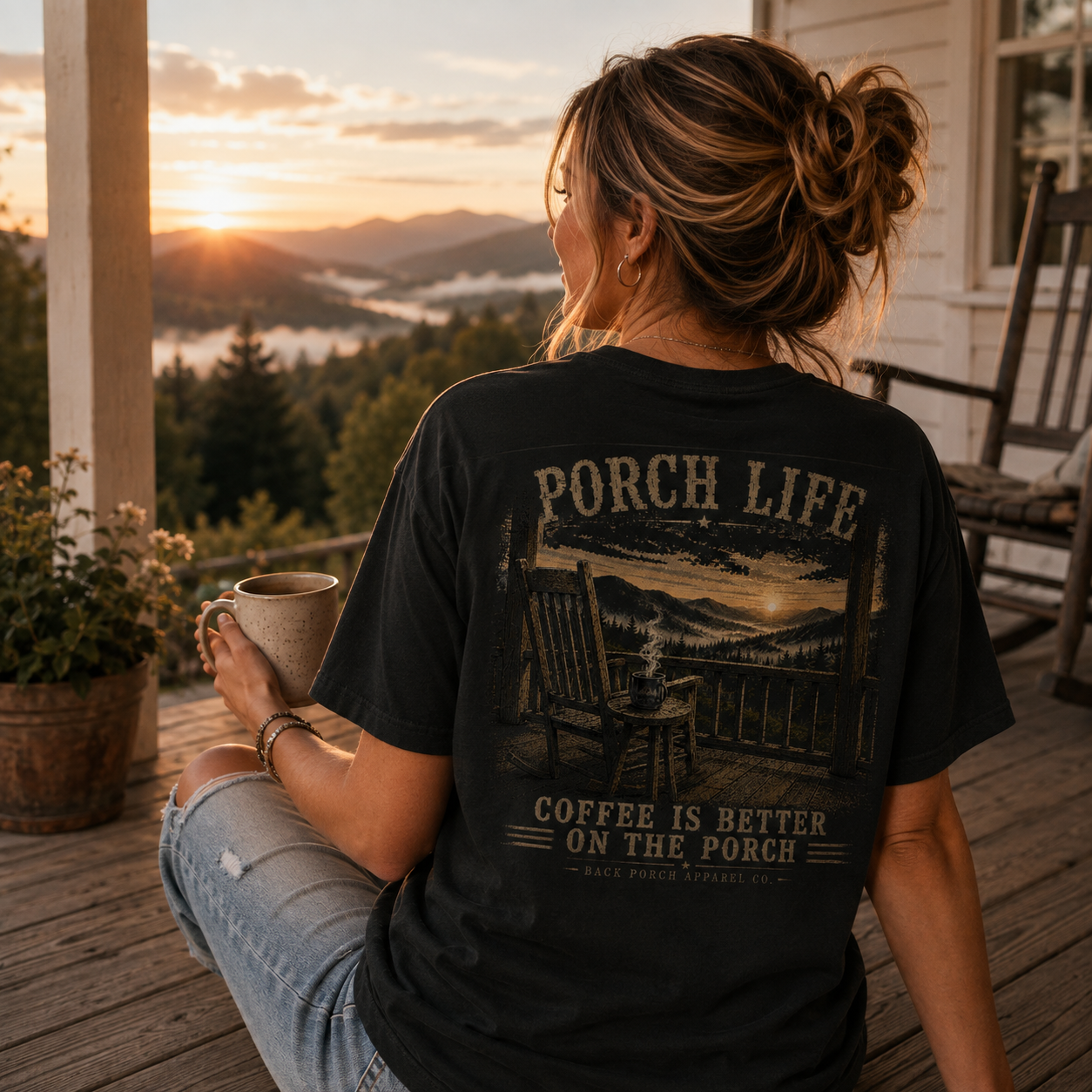 Woman wearing a Coffee Is Better On the Porch back Porch Apparel Shirt