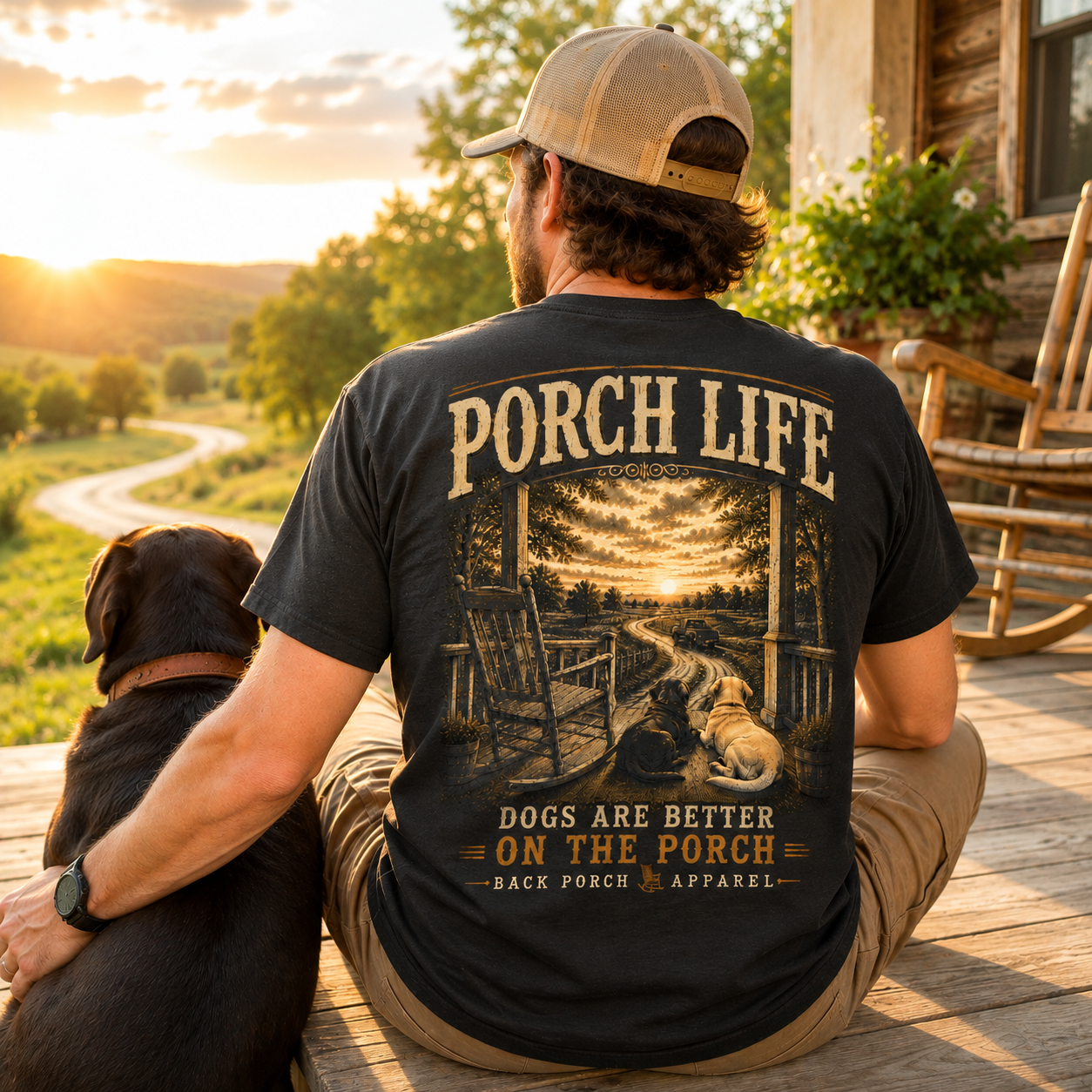 Man wearing a Dogs Are Better On the Porch Back Porch Apparel Comfort Colors Shirt