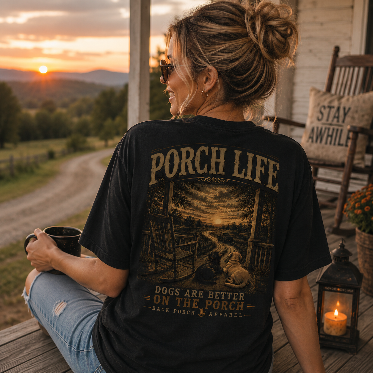 Woman wearing a Porch Life Dogs are Better Back Porch Apparel