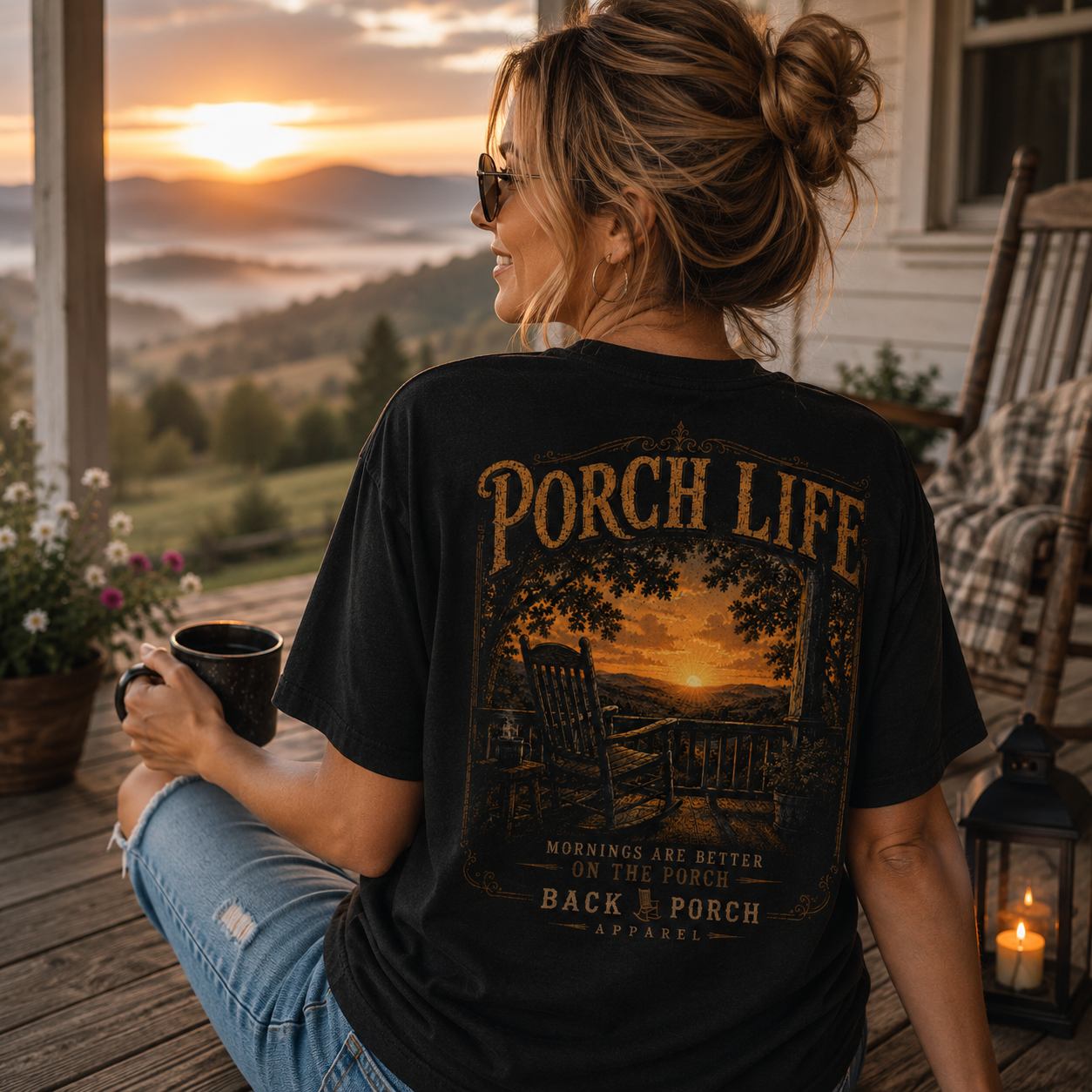 Woman wearing a Porch Life Mornings Are Better Back Porch Apparel Shirt