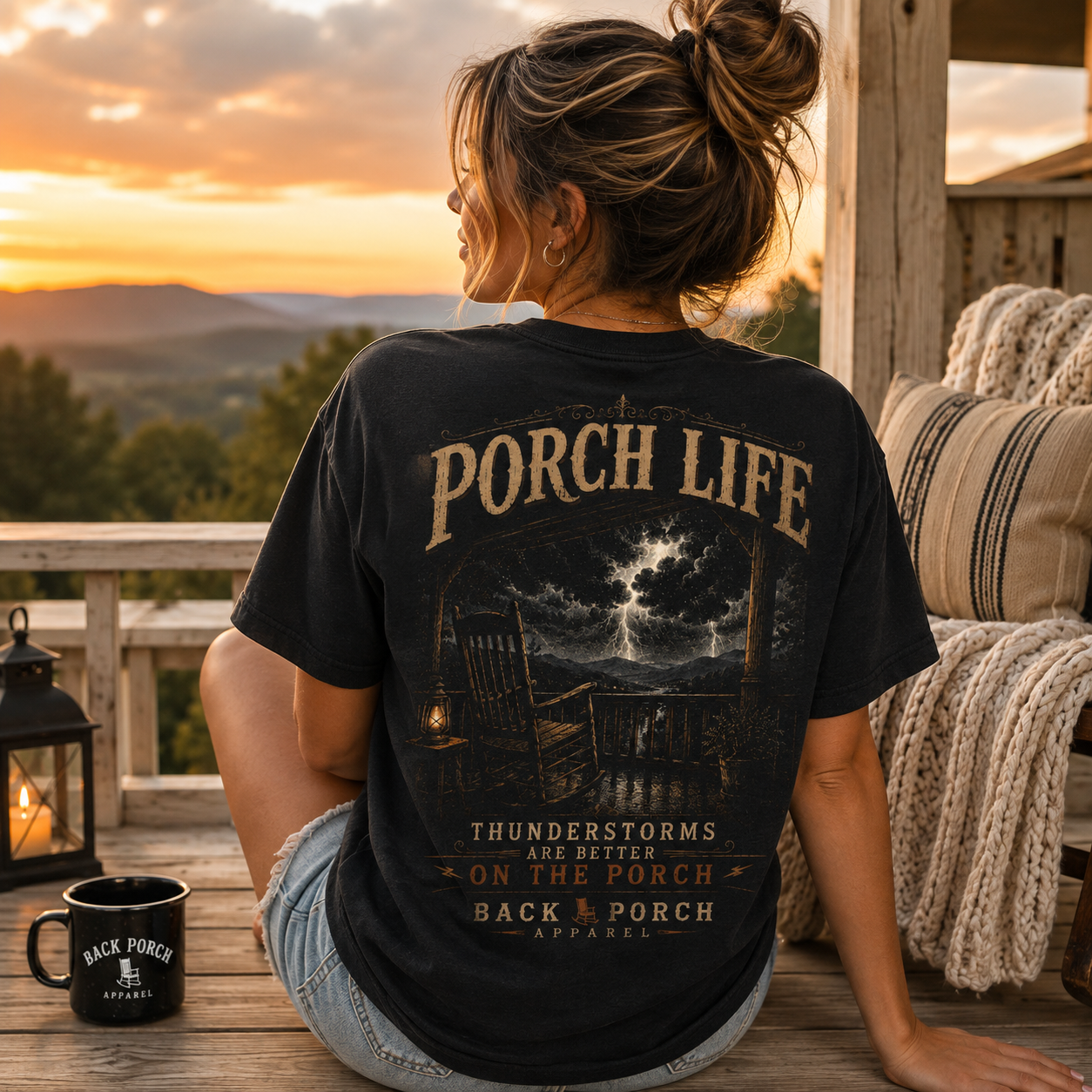 Woman wearing a Porch Life Thunderstorms are better on the Porch Back Porch Apparel