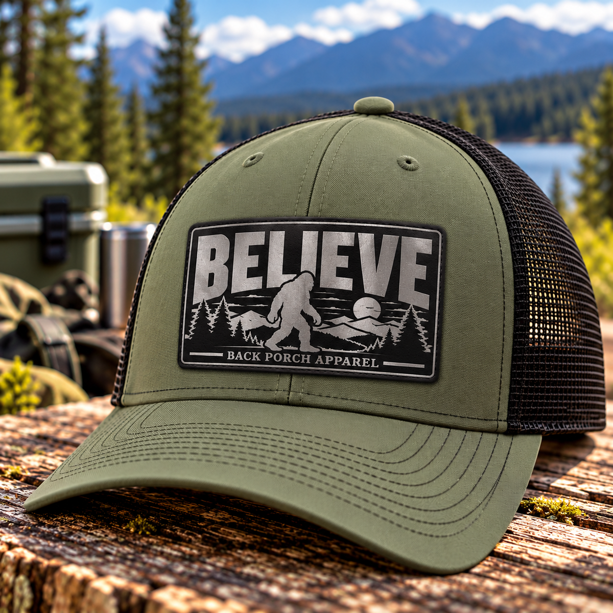 Bigfoot Believe leather patch trucker hat by Back Porch Apparel, featuring a black and silver Sasquatch mountain design on an olive green Richardson 112 cap with black mesh back.