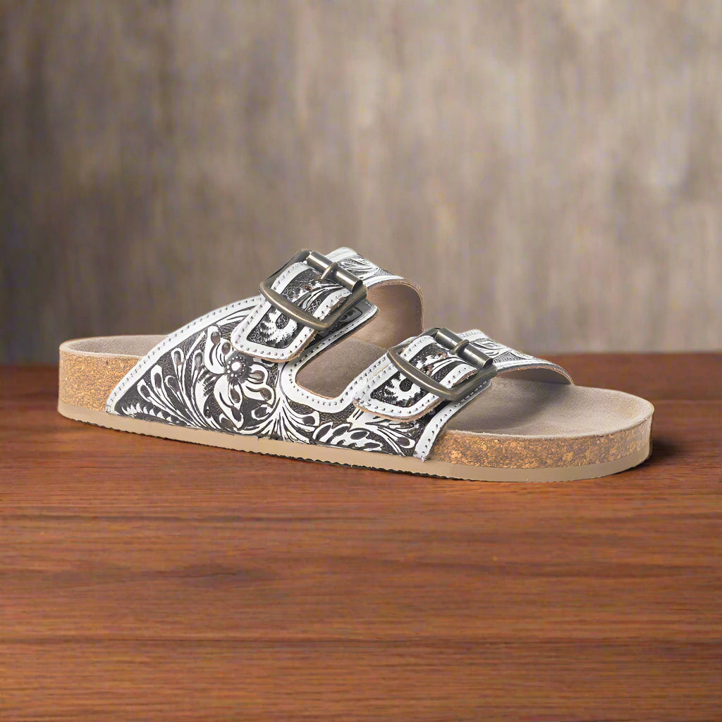 Myra Hand Tooled Leather Mesa Scroll Sandals in Black & White