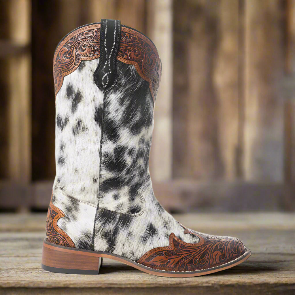 Mesa Cloud Handtooled Leather Boots in Black & White