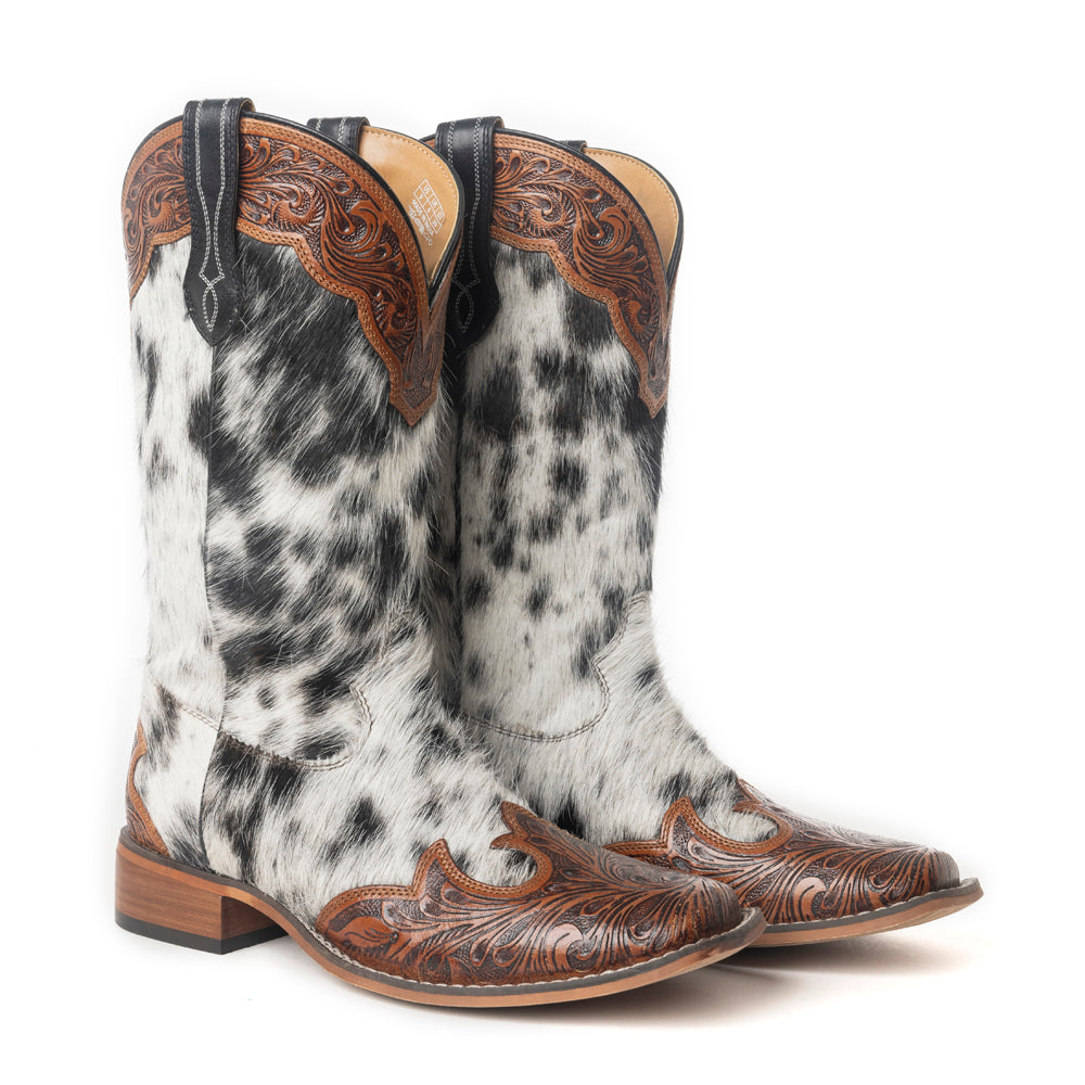 Mesa Cloud Handtooled Leather Boots in Black & White