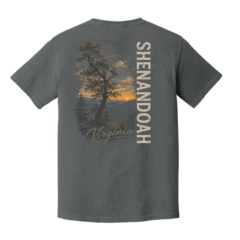 Back view of Comfort Colors Pepper Shenandoah Virginia sunset graphic t-shirt with vintage mountain landscape artwork.