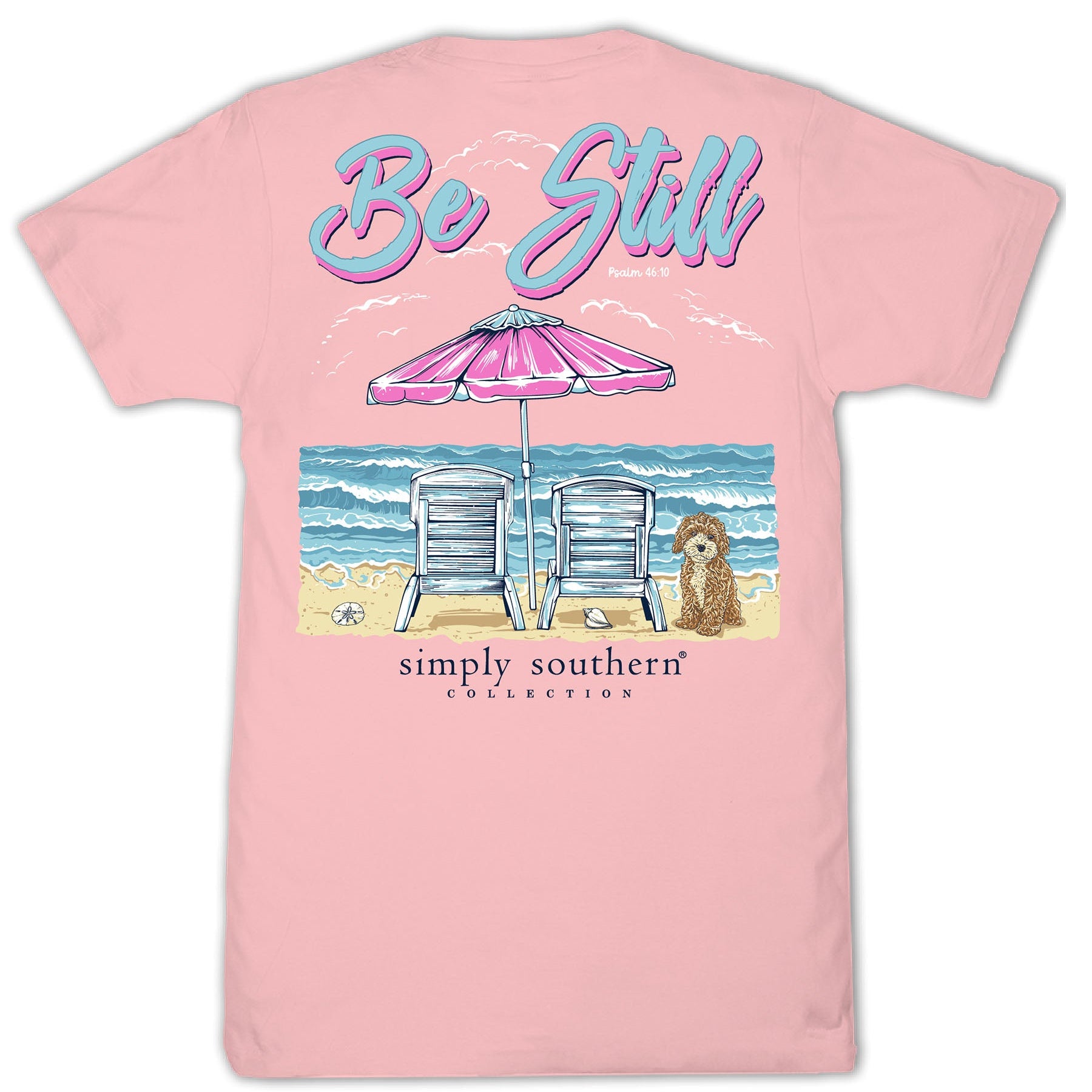Simply Southern Be Still pink short sleeve cotton tee with beach chairs, umbrella, ocean waves, and dog graphic