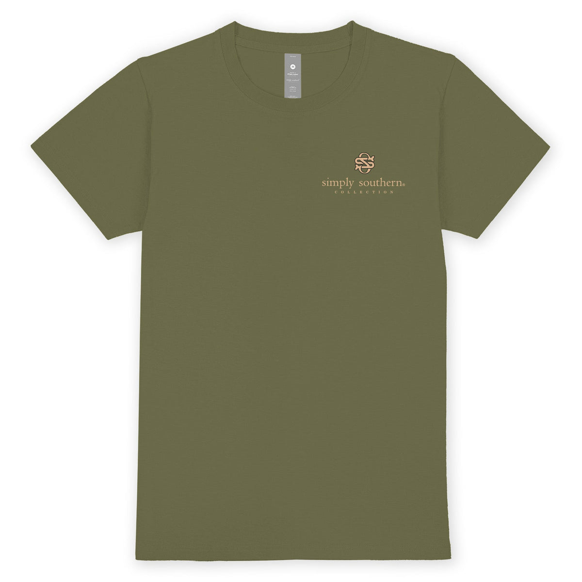 Front view of Simply Southern olive green 100% cotton short sleeve T-shirt with small Simply Southern Collection logo on the left chest.