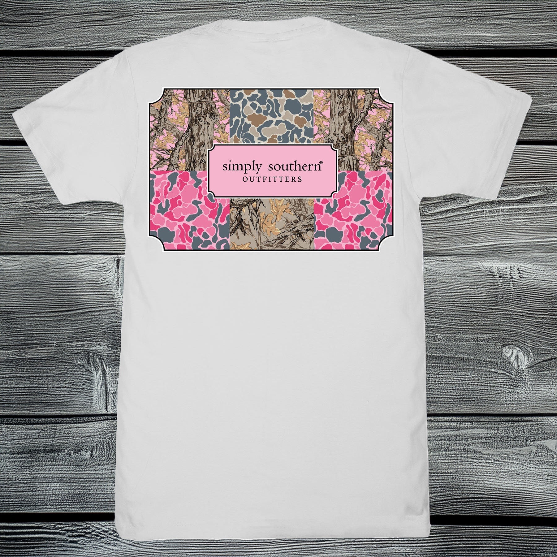 Simply Southern white short sleeve cotton tee with camo patchwork Simply Southern logo back graphic