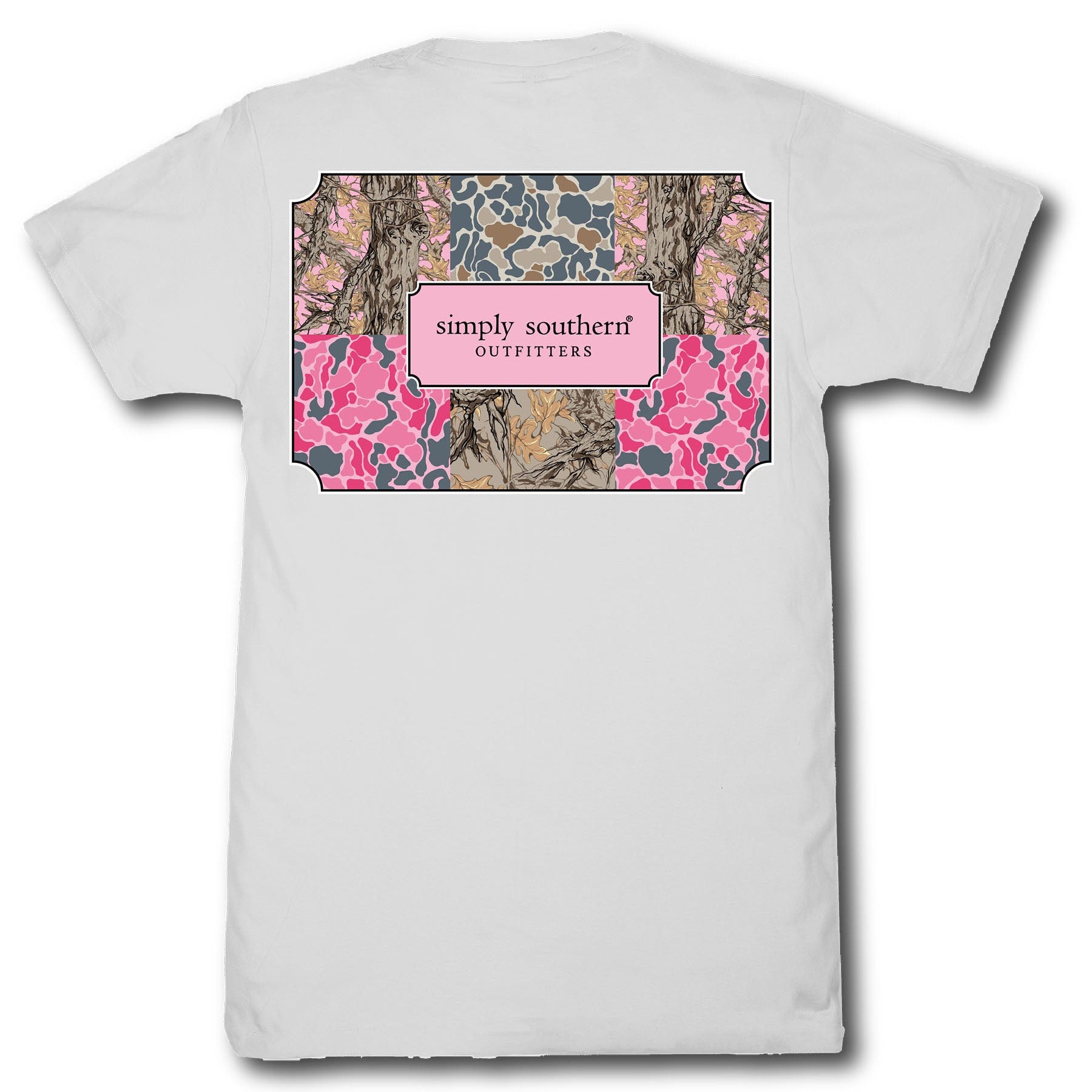 Simply Southern white short sleeve cotton tee with camo patchwork Simply Southern logo back graphic