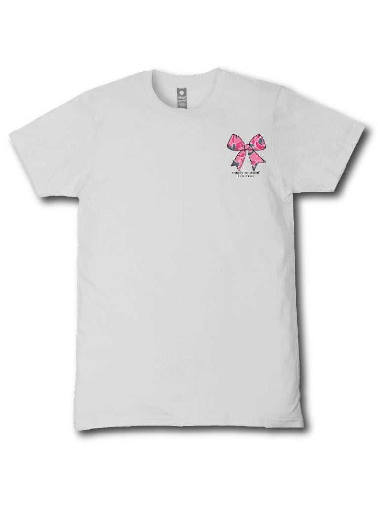 Simply Southern white short sleeve cotton tee with pink camo bow chest graphic