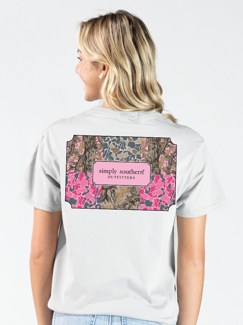 Simply Southern white short sleeve cotton tee with camo patchwork Simply Southern logo back graphic