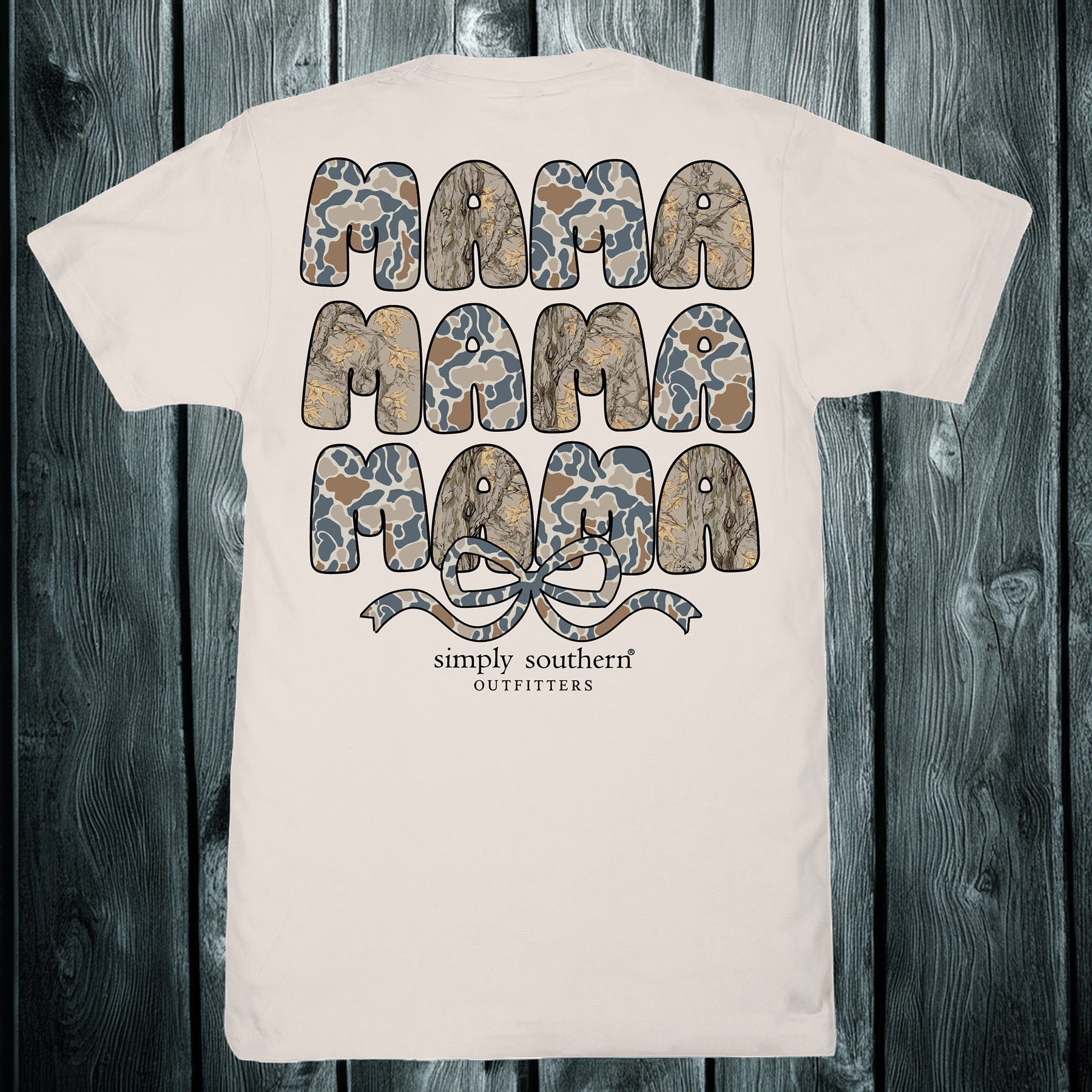 Simply Southern Mama Mama Mama dust short sleeve cotton tee with camo and leaf pattern lettering and bow graphic