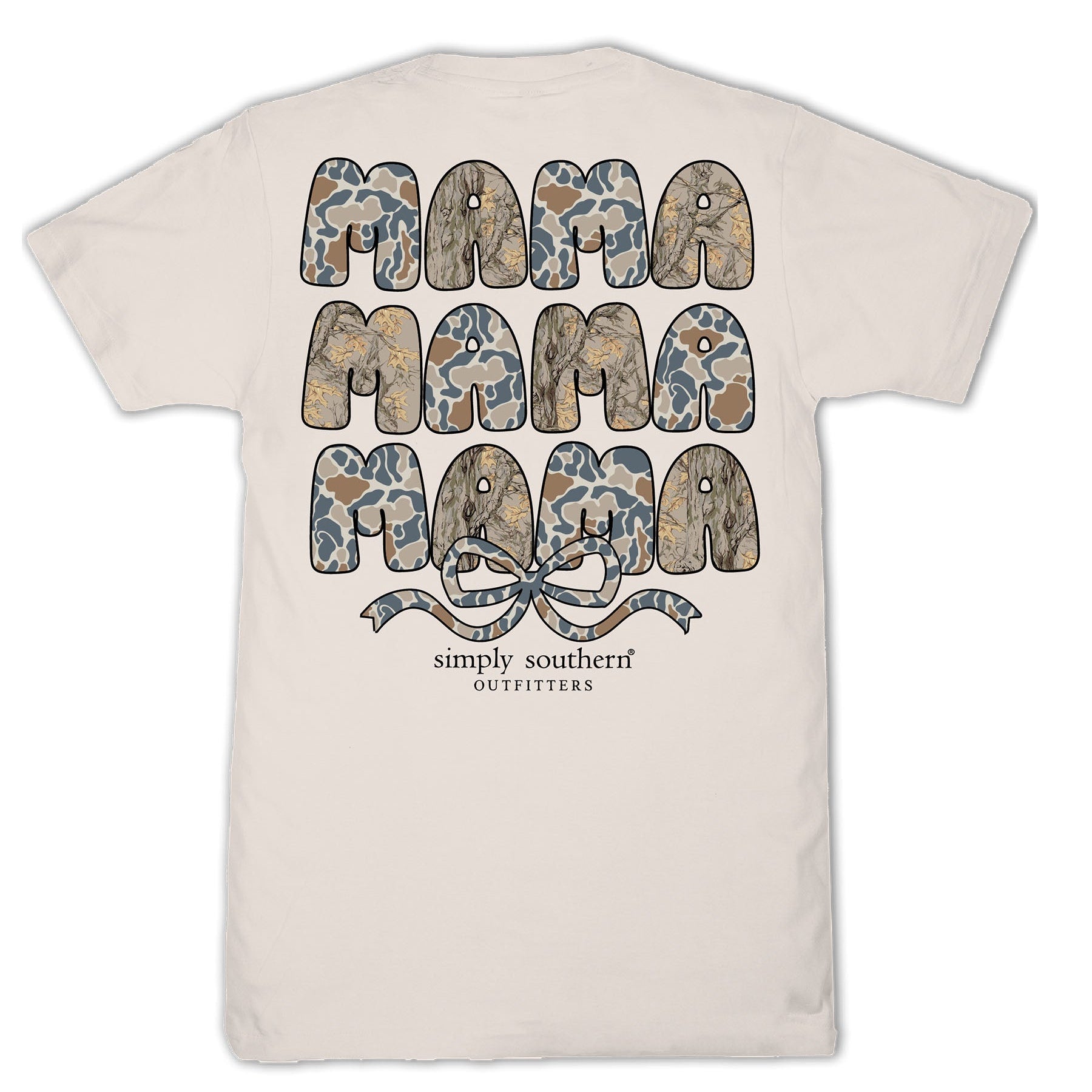 Simply Southern Mama Mama Mama dust short sleeve cotton tee with camo and leaf pattern lettering and bow graphic