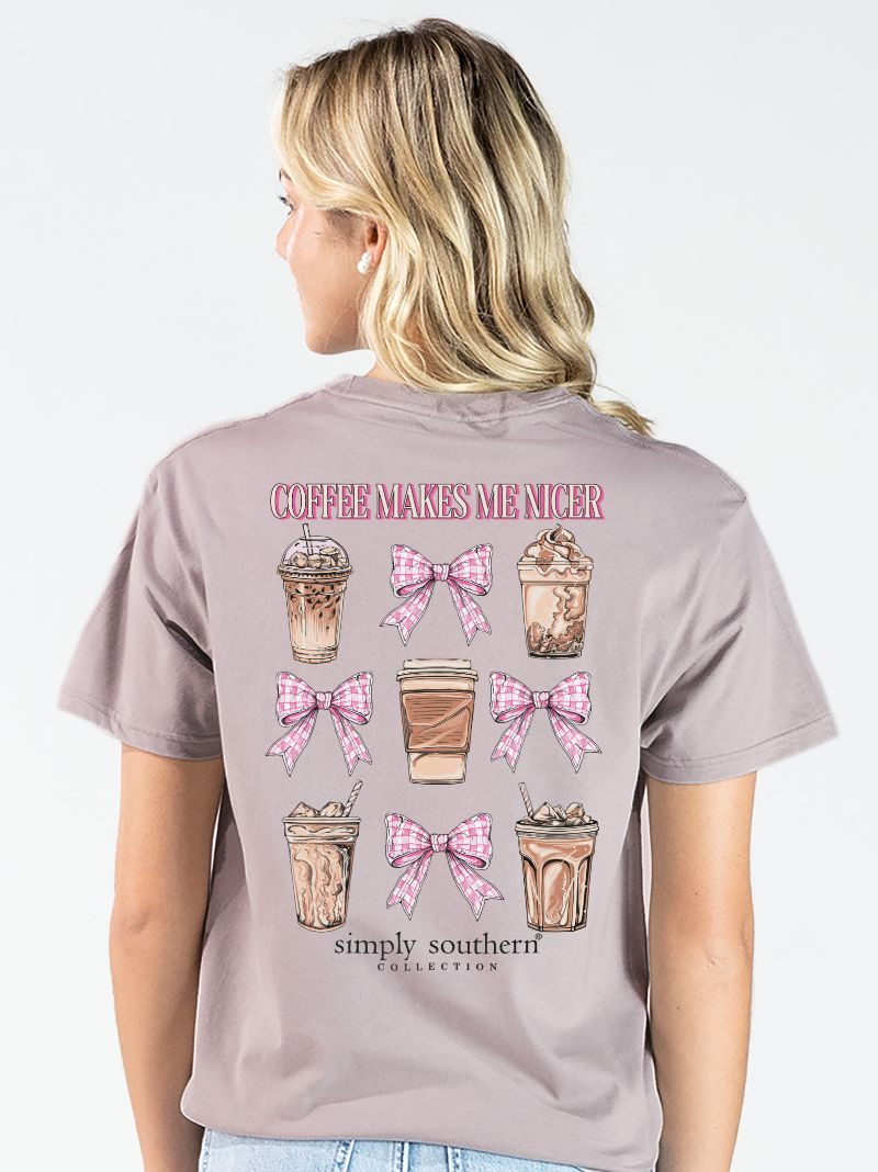 Model wearing Simply Southern driftwood t-shirt with Coffee Makes Me Nicer coffee drink and bow back graphic