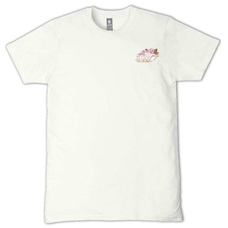 Simply Southern Floral Conch Shell short sleeve T-shirt front view featuring a small conch shell graphic on the left chest on a cream background