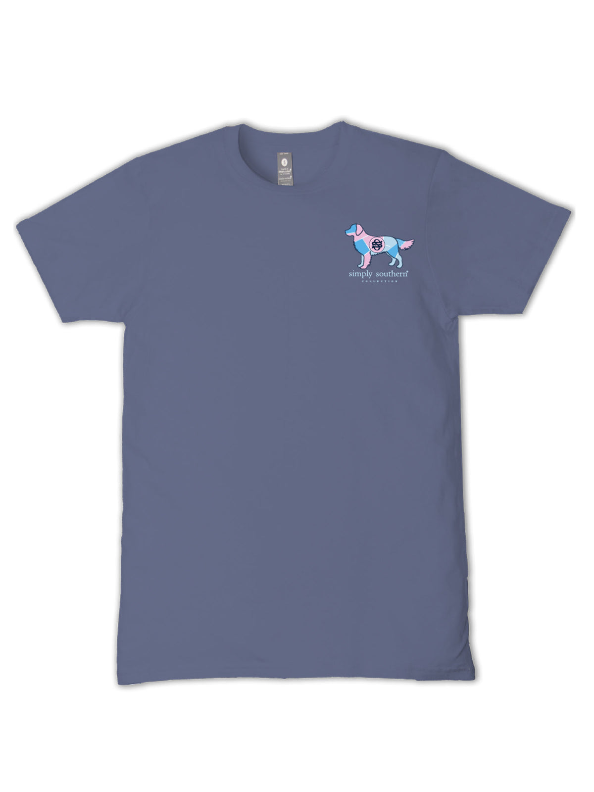 Front view of Simply Southern denim-blue short sleeve T-shirt featuring a small pastel patchwork dog logo and Simply Southern Collection branding on the left chest.