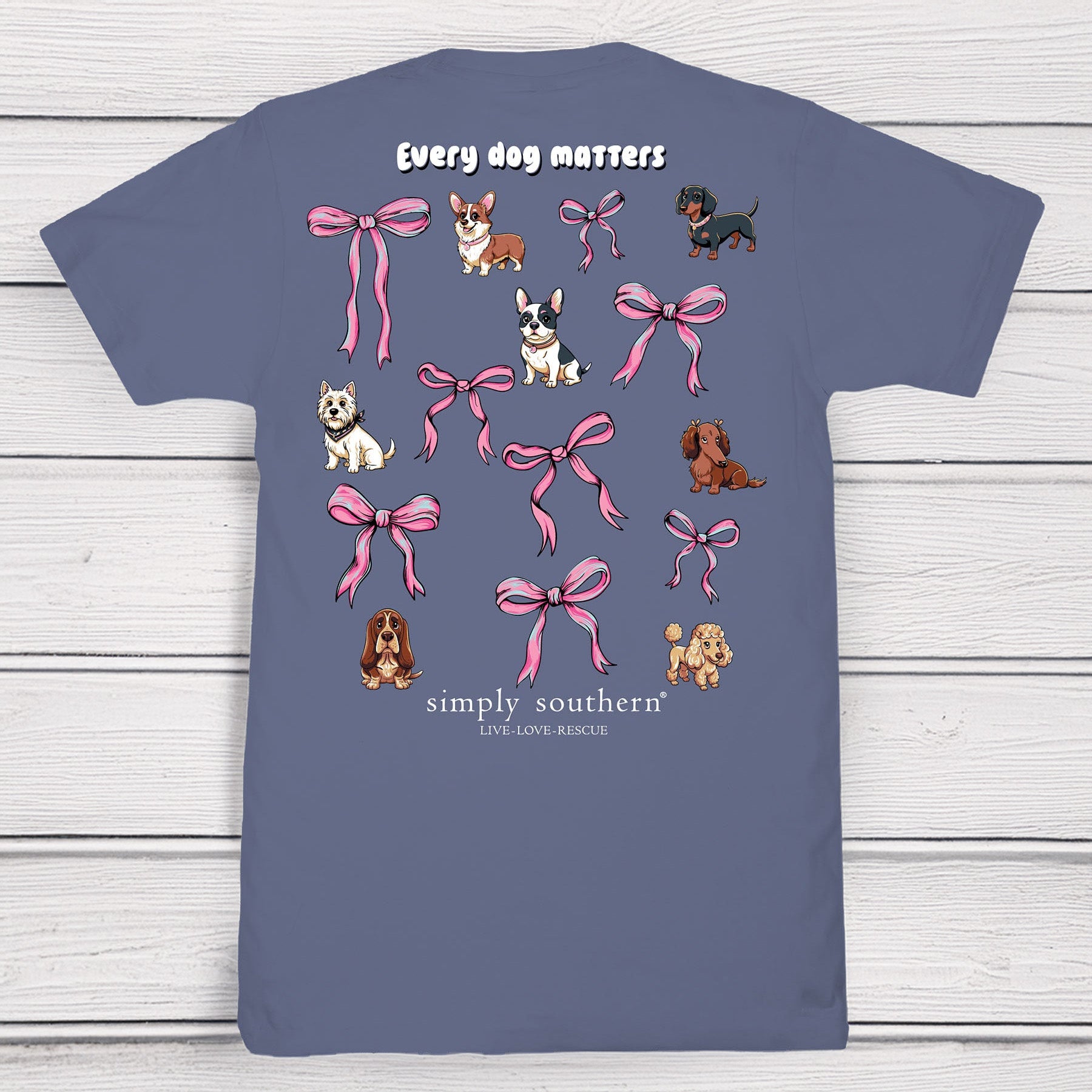 Simply Southern Every Dog Matters denim blue short sleeve cotton tee with dog illustrations and pink bow graphics
