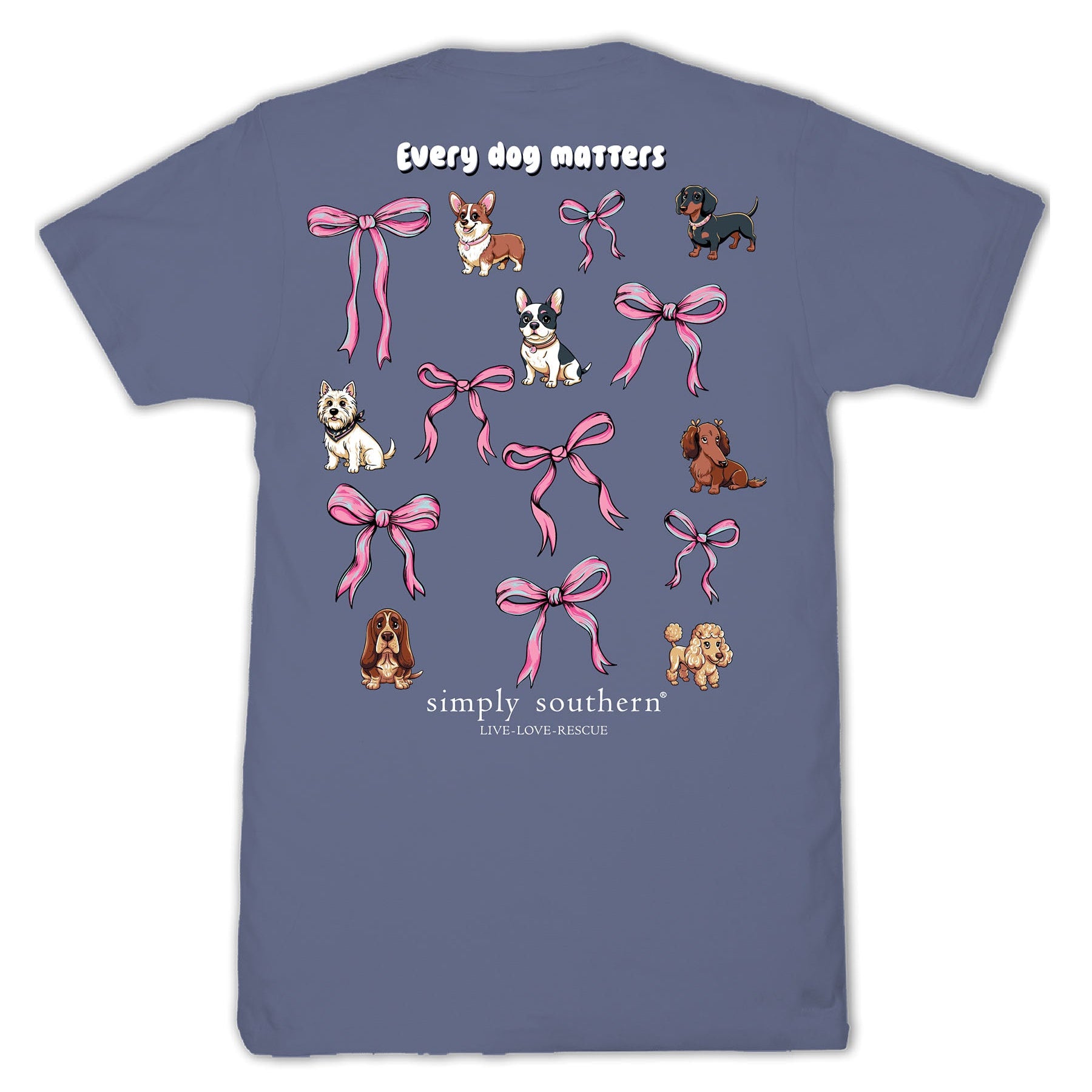 Simply Southern Every Dog Matters denim blue short sleeve cotton tee with dog illustrations and pink bow graphics