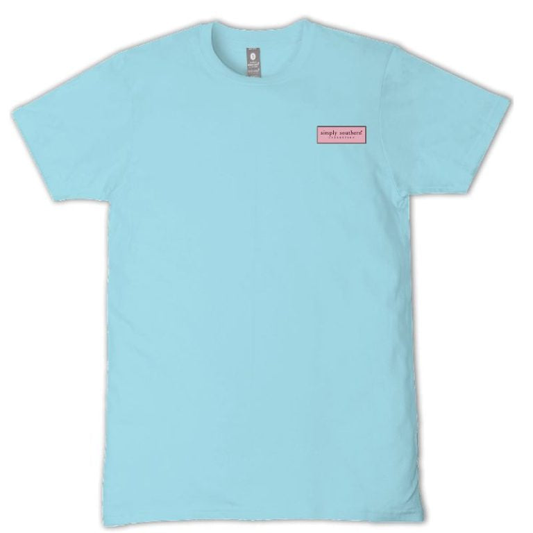 Simply Southern Aegean blue short sleeve t-shirt with small Simply Southern logo patch on front chest