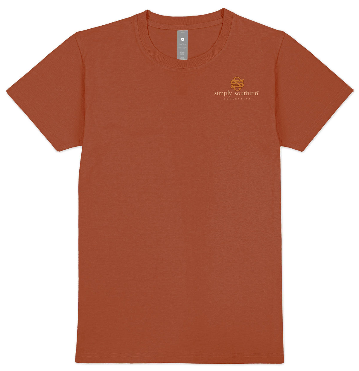Front view of Simply Southern Farm Animals short sleeve T-shirt in warm maple red with a small Simply Southern Collection logo on the left chest.